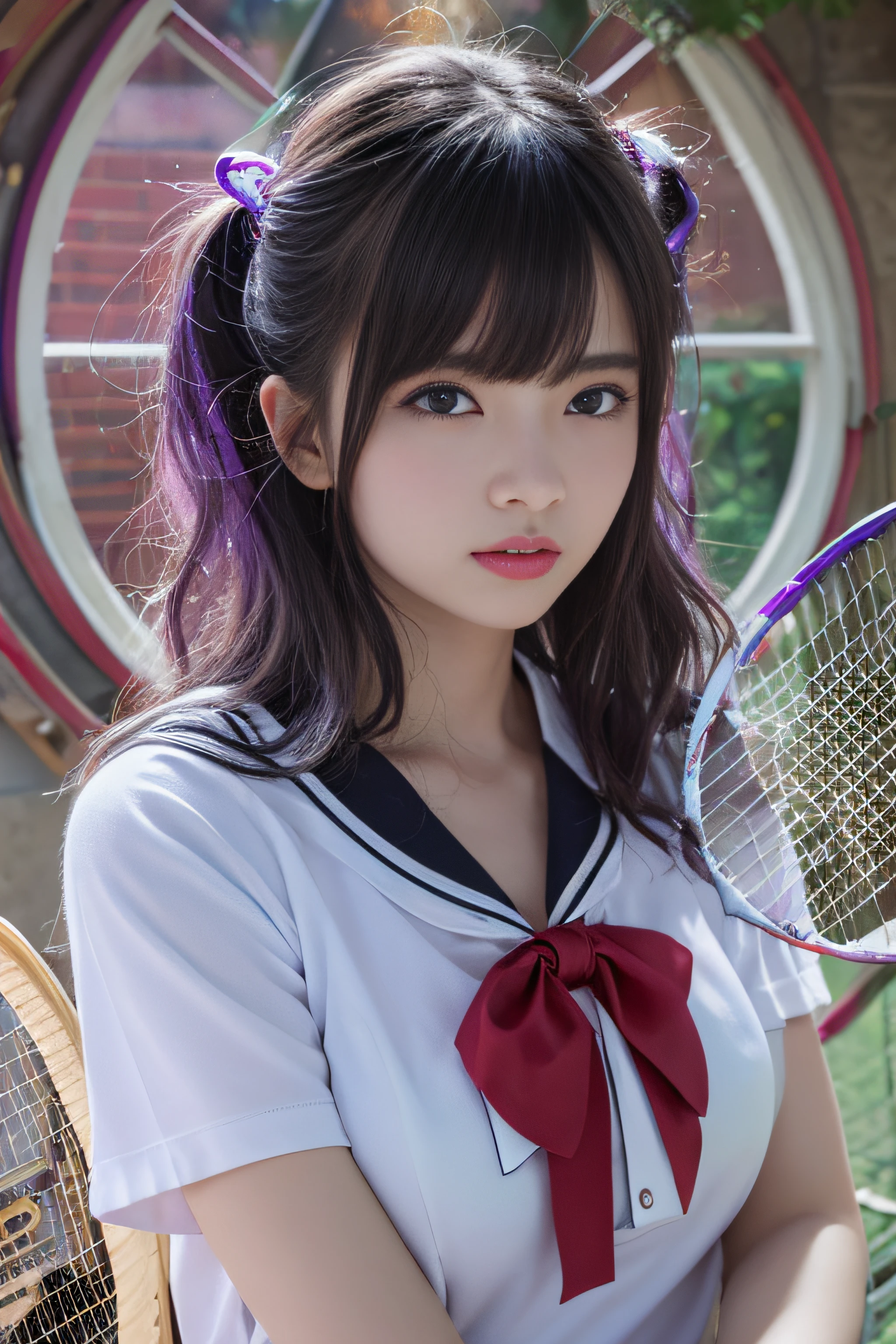 top-quality、​masterpiece、超A high resolution、(Photorealsitic:1.4)、Raw photo、女の子1人、13years、Black hair、glowy skin、((super realistic details))、portlate、globalillumination、Shadow、octan render、8K、ultrasharp、Colossal tits、White sailor suit、highly intricate detail、Realistic light、CGSoation Trends、a purple eye、radiant eyes、Facing the camera、neon details、sitting on、Futuristic hair ornament、Gundam、Small LED lamp、Purple neon lighting、(Tennis rackets:1.4)、
