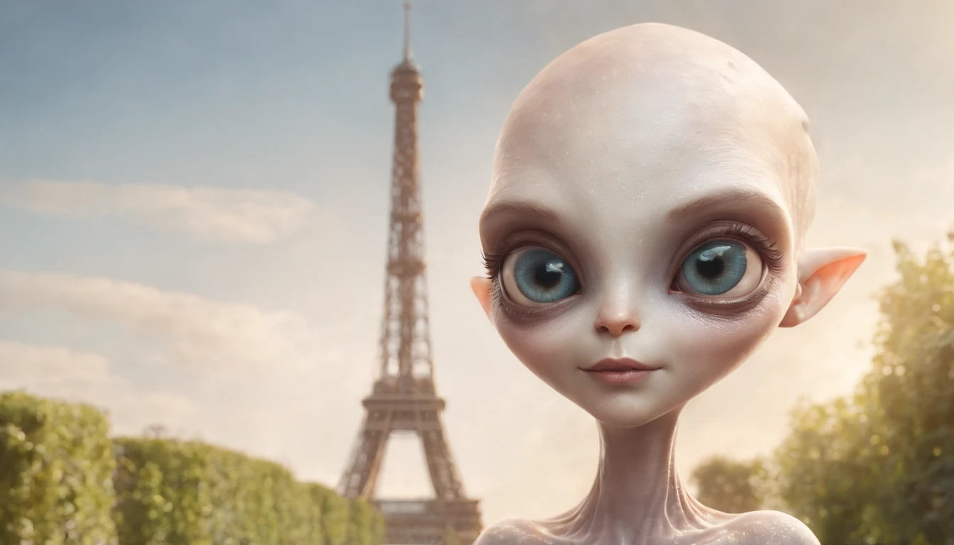 portrait, masterpiece, best quality, vector graphics for color printing, full-length,
"cute happy alien glamorous guest", with the Eiffel Tower in the background. large expressive cute happy eyes, fantastic art, space,
Alberto Seveso style illustration, white background, smoke, 16k, masterpiece, realistic, Vibrant colors, UHD, perfect composition, beautiful, detailed composition, complex, detailed octane rendering trending on ArtStation, photorealism, expressive happy eyes, detailed perfect face , Detailed anatomy, Realistic proportions, watercolor, ArtStation Trends
