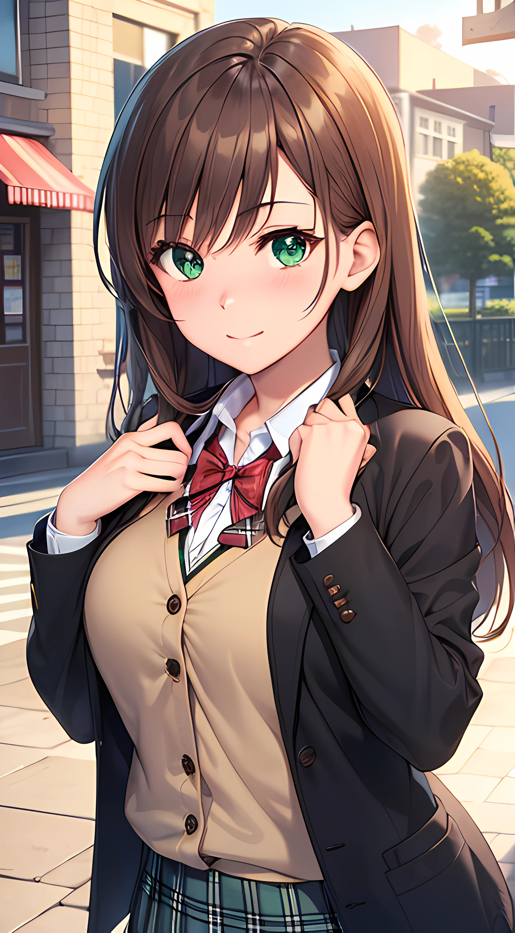 ((masterpiece, best quality, highres, UHD, perfect pixel, depth of field, 4k, RTX, HDR))), 1girl, single, solo, beautiful anime girl, beautiful artstyle, anime character, ((long hair, bangs, brown hair)), ((green eyes:1.4, rounded eyes, beautiful eyelashes, realistic eyes)), ((detailed face, blushing:1.2)), ((smooth texture:0.75, realistic texture:0.65, photorealistic:1.1, anime CG style)), medium breasts, dynamic angle, perfect body, ((portrait, pov)), ((red bowtie, school uniform, black jacket, open jacket, brown cardigan, white shirt, black skirt, plaid skirt)), smile, ((hands up, hand touches cheek)), amusement park