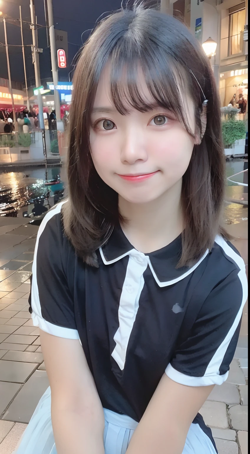 Best Quality, 23years old,Raw photo, Smile, Night, neons, Idol face, A dark-haired,bobhair,Digital SLR, Looking at Viewer, Sophisticated, Small face, Thin arms, Professional Lighting,, chromatic abberation, (Eyes and faces with detailed:1.0), (Bokeh:1.1)