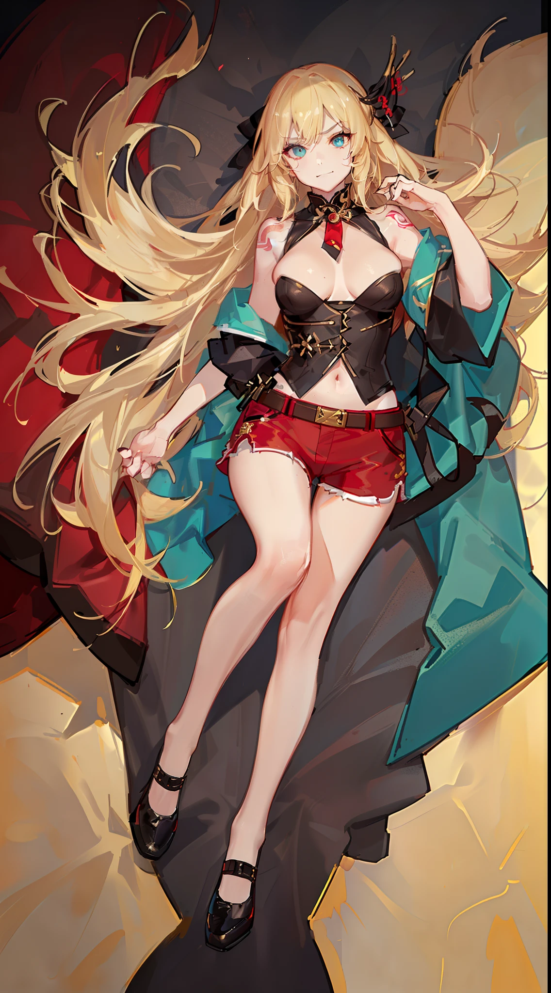 young girl, longue blonde hair, Hairpin with a bundle, turquoise eyes, Yakuza tattoos, red tight uniform, Sleeveless, Wide neckline on the chest to the abdomen, Gold Elements, Red gold armor, Shorts, claws, smirk, Masterpiece, hiquality, 4k, HD, Good detail