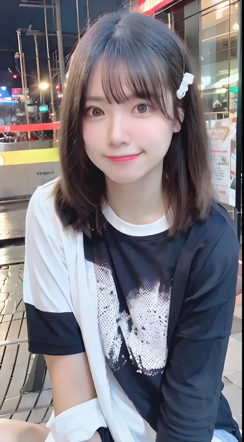 Best Quality, 23years old,Raw photo, Smile, Night, neons, Idol face, A dark-haired,bobhair,Digital SLR, Looking at Viewer, Sophisticated, Small face, Thin arms, Professional Lighting,, chromatic abberation, (Eyes and faces with detailed:1.0), (Bokeh:1.1)