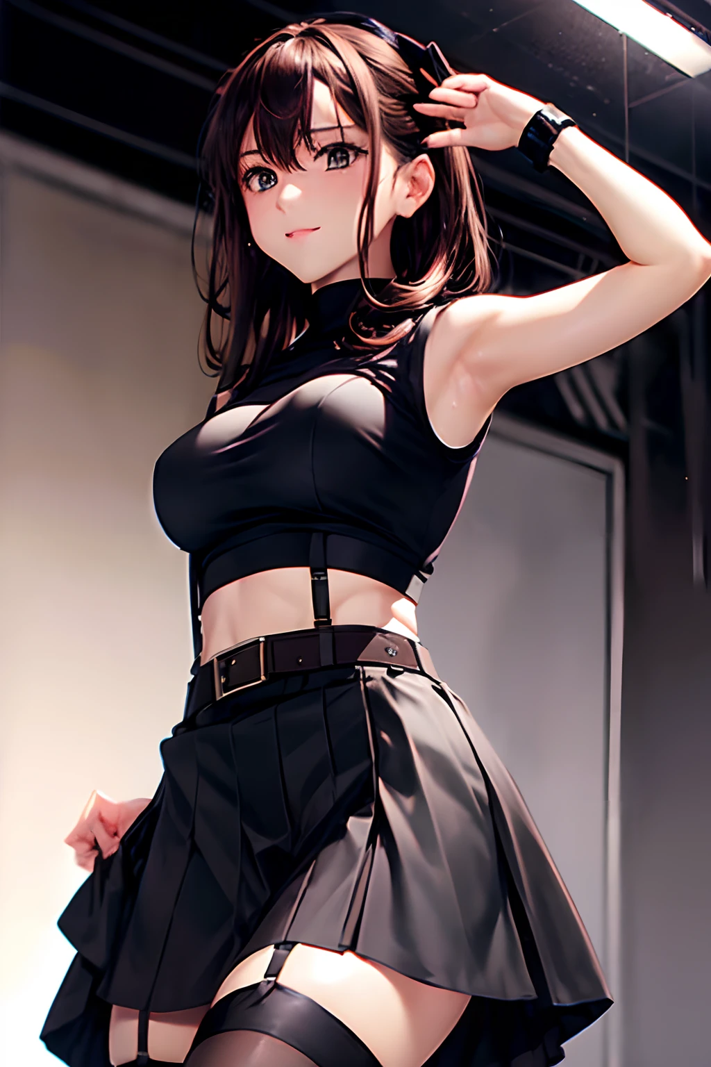 Black skirt, 　suspenders, Brown hair Gray eyes, Garter belt on the legs, Tight black clothes, 　　 a belt　Armpit sweat　　Dark look　Moderately breasts　holster　chain　　poneyTail