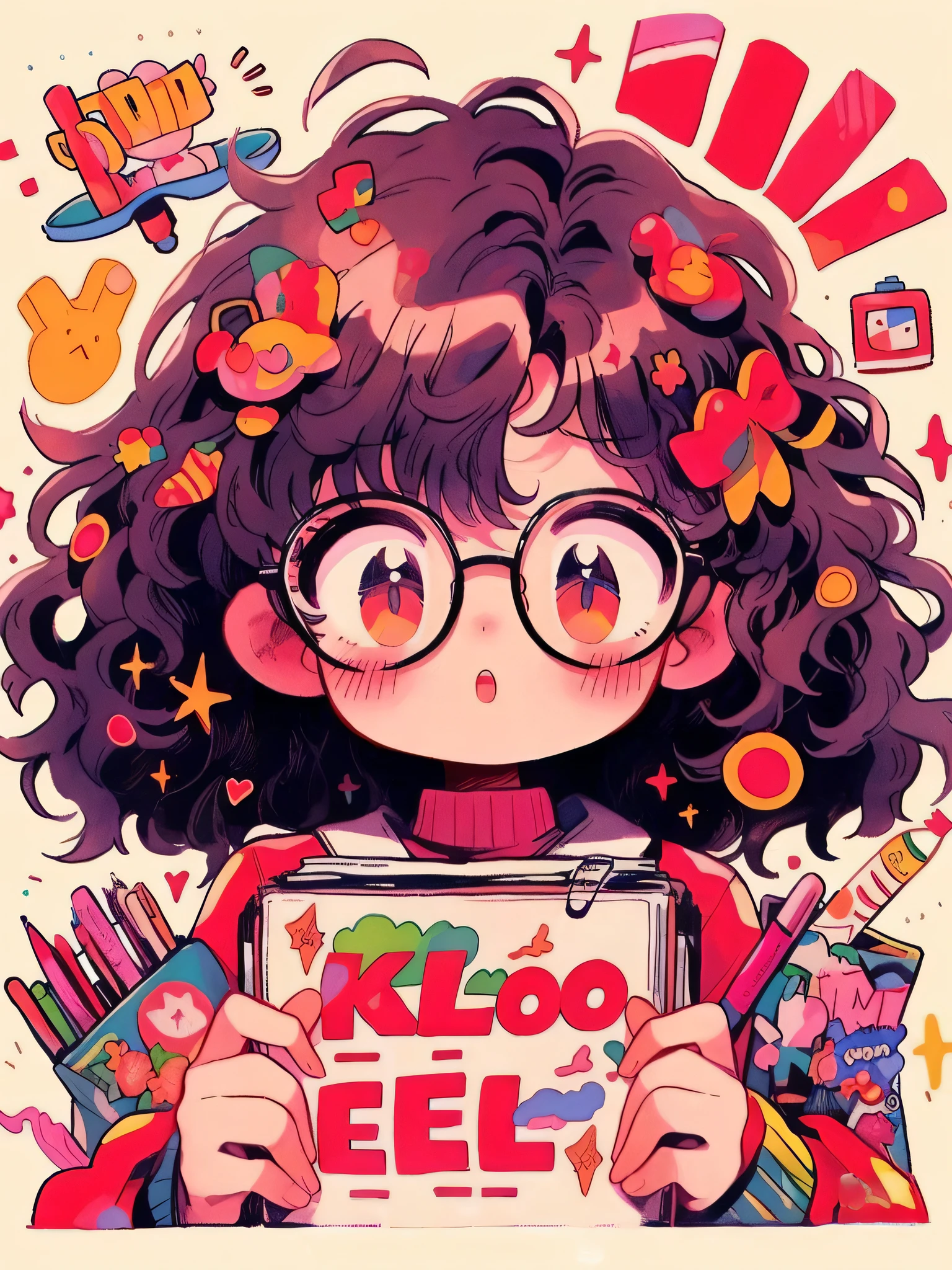 A cartoon girl holds a sign with a bunch of school supplies, decora inspired illustrations, Colorful illustration, lofi-girl, lovely art style, Cute detailed digital art, colorful illustrations, lofi feel, cute detailed artwork, Kawaii realistic portrait, lofi girl aesthetic, Lofi art, procreate illustration, Colorful! Character design, kawaii anime manga style, Digital anime illustration