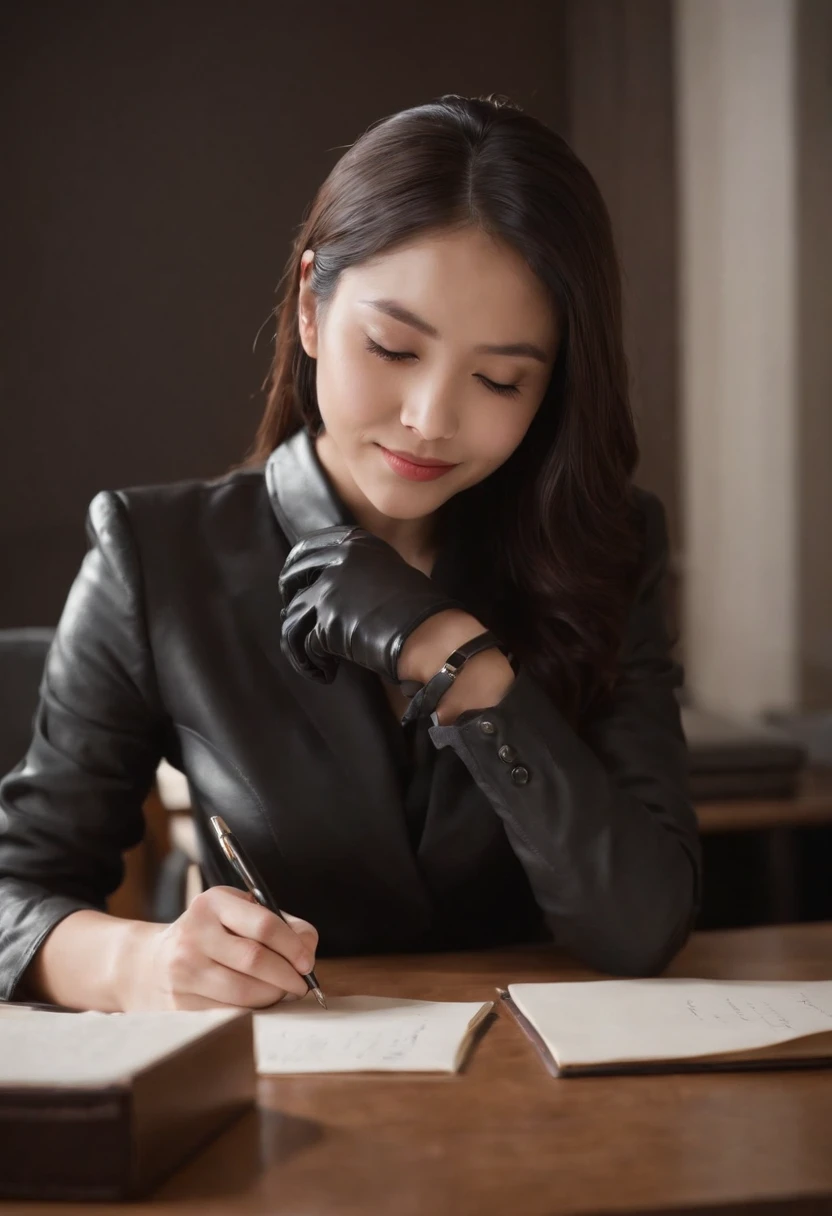 Wearing black leather gloves in both hands, upper body, black business suit, facing the desk in my room with a computer in the dark, looking down and smiling, writing a letter using a fountain pen, black hair bundled in the back for a long time, still young and very cute Japanese female new employee (black leather gloves cover both hands)