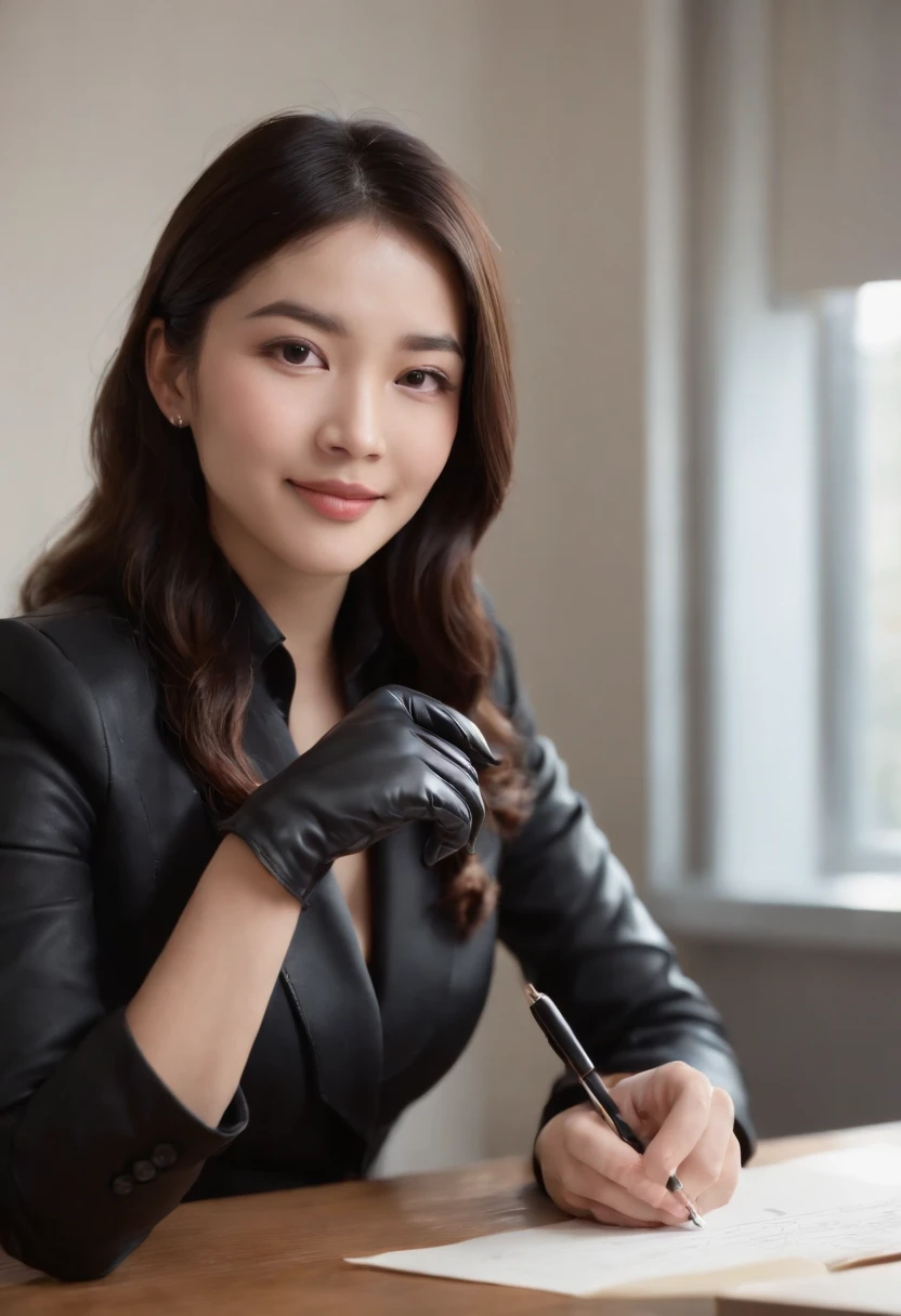 Wearing black leather gloves in both hands, upper body, black business suit, facing the desk in my room with a computer in the dark, looking down and smiling, writing a letter using a fountain pen, black hair bundled in the back for a long time, still young and very cute Japanese female new employee (black leather gloves cover both hands)