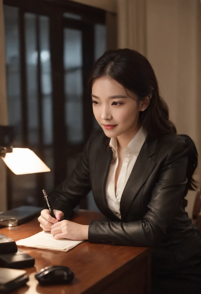 Wearing black leather gloves in both hands, upper body, black business suit, facing the desk in my room with a computer in the dark, looking down and smiling, writing a letter using a fountain pen, black hair bundled in the back for a long time, still young and very cute Japanese female new employee (black leather gloves cover both hands)