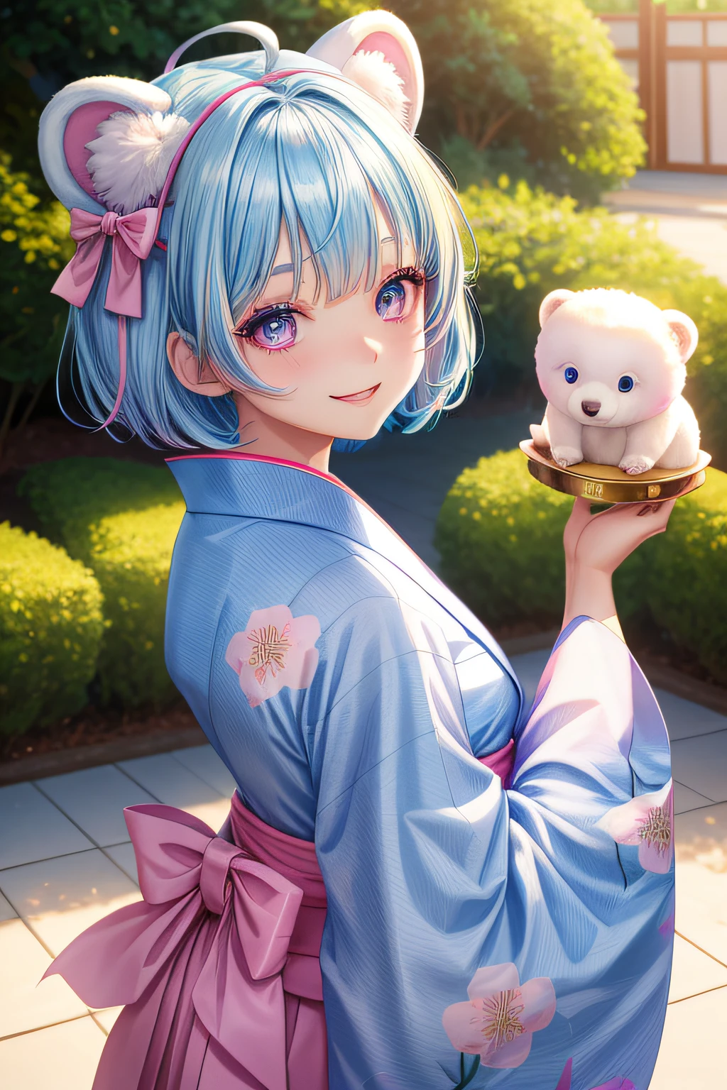 master piece, Best Quality, High resolution, Ultra-detailed, 1girl in, early teen, ((Pale blue hair and pink eyes)), (mini yukata, natta:1.1), Fluffy animal ears, Bangs, Short hair, Bow, Hair Bow, Pale blue bow, A smile, Polar bear ears, bob cuts, (Best Smile:1.1), Looks Back, Pink hair and pale blue eyes,