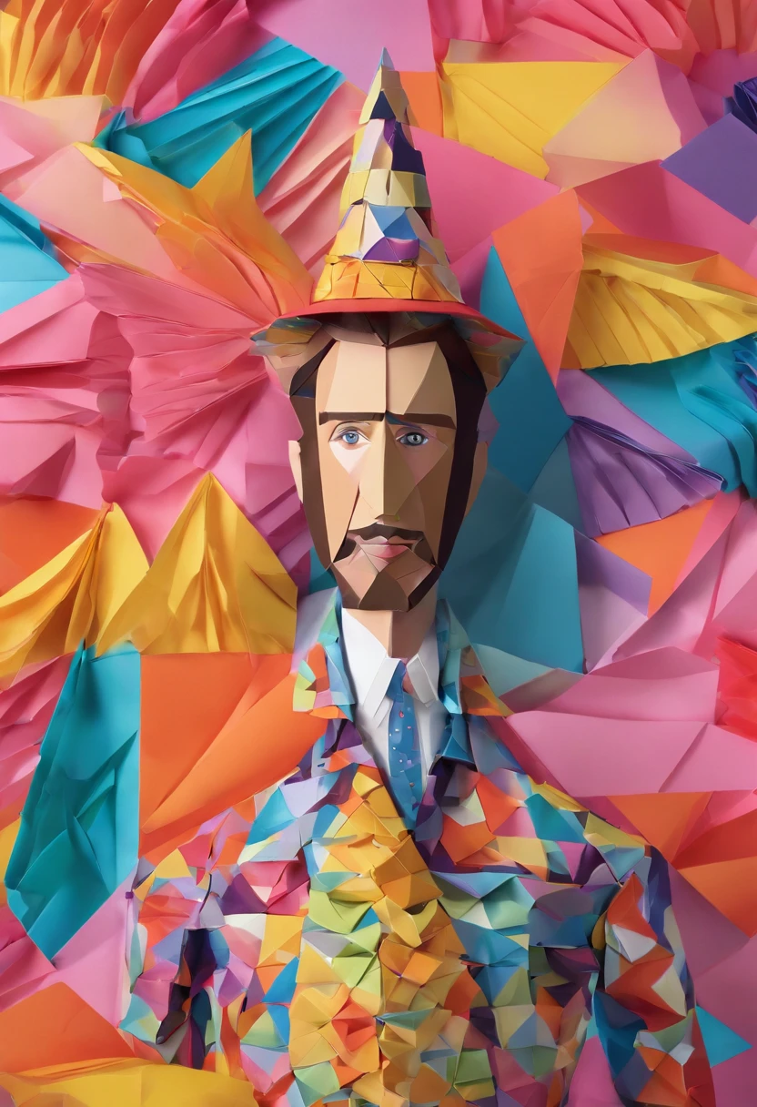 A realistic portrait of Nicolas Cage wearing a fancy hat and playing with a giraffe, ultra HD, 8k, engine, sf, movie poster, epic, experimenting with bright colors, patterns, and textures, magazine cutouts, colorful polychromatic, CGSociety, 8k–1:1 --c 15 --s 765 --q 2 --v 4