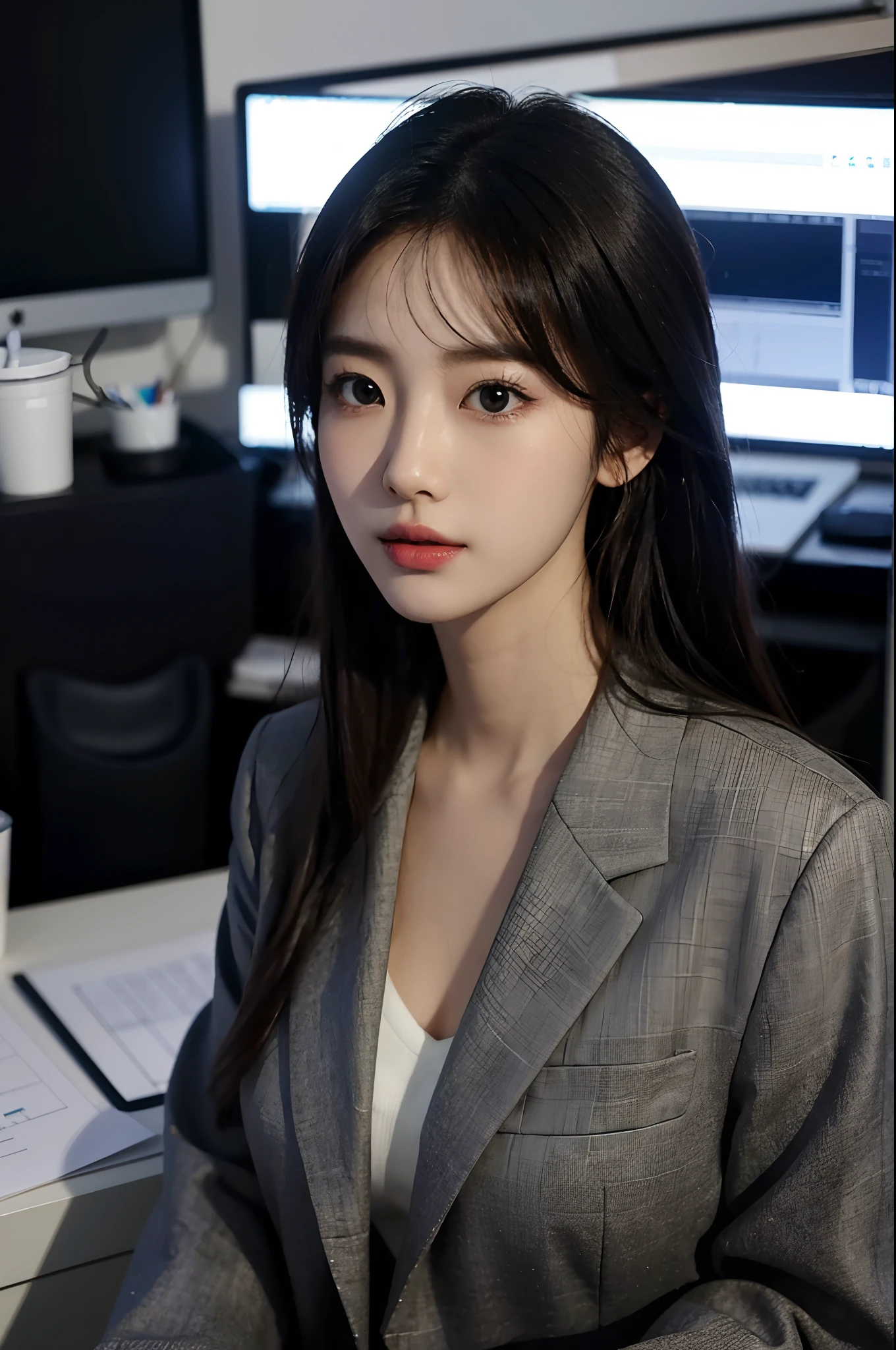 High-res, Realistic portrait of professional korean office lady with perfect skin,Professional suits,Women's suits,stand posture,The upper part of the body,Women in the workplace,Show confidence and maturity, Surrounded by a modern corporate environment, Vibrant and naturally lit highlights. The artwork should emphasize her elegant facial features, Including charming long eyes, Fluttering eyelashes and seductive lips. The scene should be enhanced with elements of professionalism and visual appeal,For example, Stylish work desk, Mainframe computers, High-resolution display, and complex stationery. The overall tone should be warm and professional, Has a soft and natural color palette. The artwork should exude a sense of professionalism, Success, and cultural pride,The background is blurred out