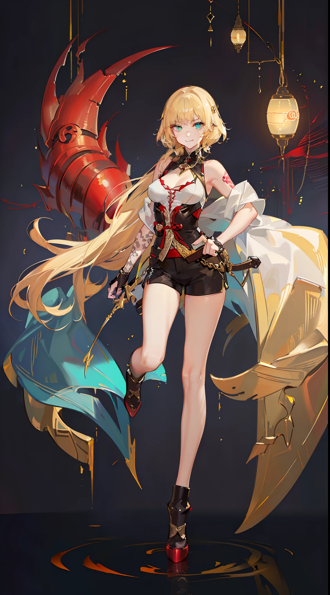 young girl, longue blonde hair, Hairpin with a bundle, turquoise eyes, Yakuza tattoos, red tight uniform, Sleeveless, Wide neckline on the chest to the abdomen, Gold Elements, Red gold armor, Shorts, claws, smirk, Masterpiece, hiquality, 4k, HD, Good detail