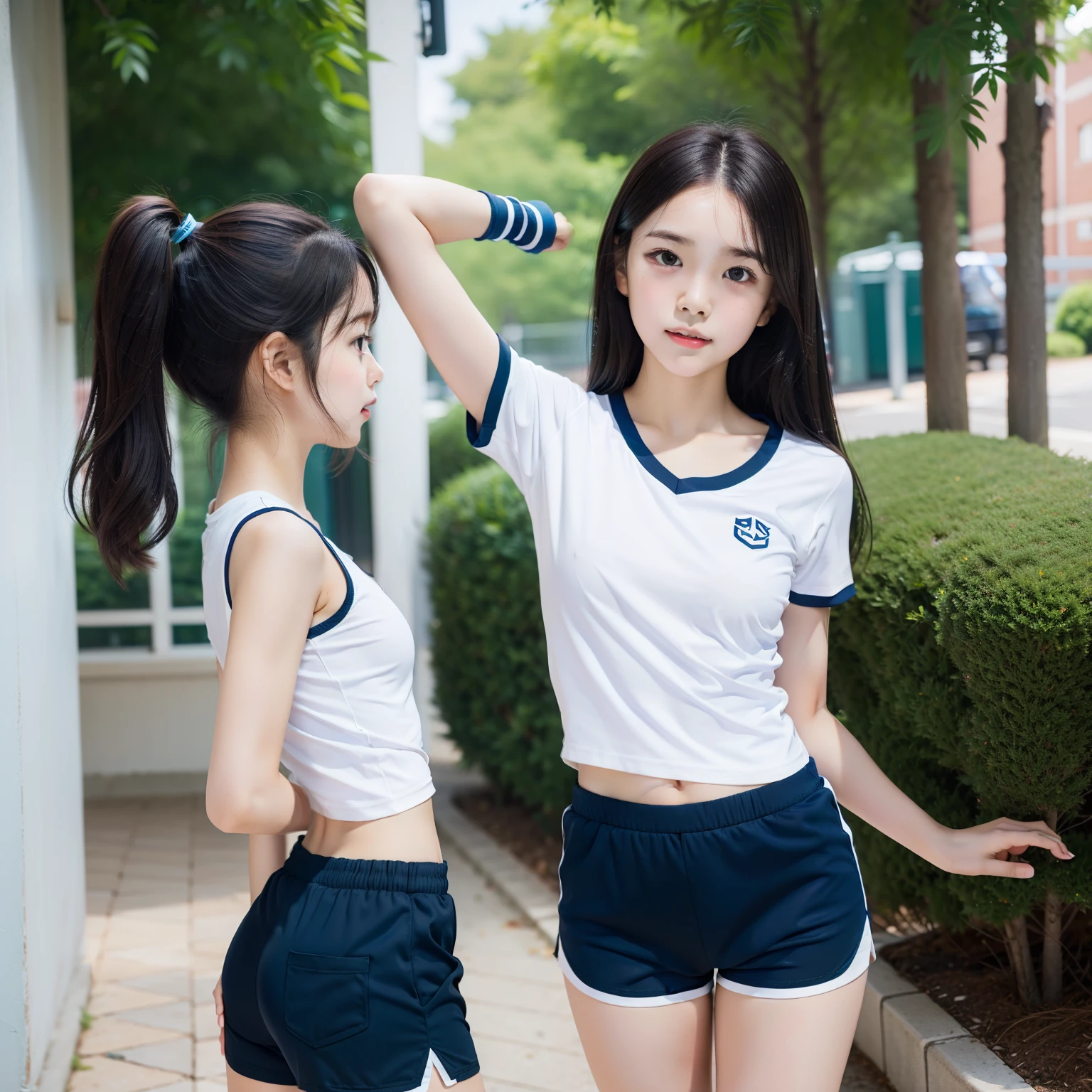 very real、Top resolution、8K、fully body photo、hi-school girl、、Soio、cute little、A dark-haired、Hiding in shorts in shorts in short-sleeved white gym clothes、Navy Shorts、Running、Fluid movement、fully body photo、 front-facing view、