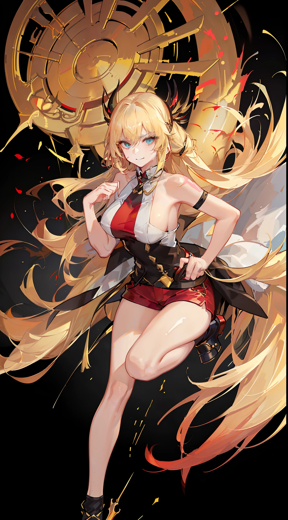 young girl, longue blonde hair, Hairpin with a bundle, turquoise eyes, Yakuza tattoos, red tight uniform, Sleeveless, Wide neckline on the ????? to the abdomen, Gold Elements, Red gold armor, Shorts, claws, smirk, Masterpiece, hiquality, 4k, HD, Good detail