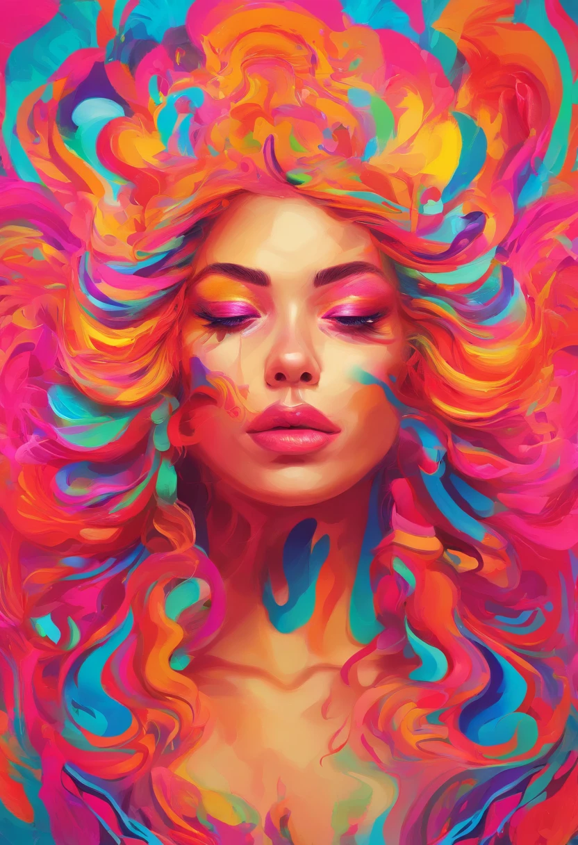 uma mulher com uma maquiagem neon e cocar , arte transgressora, foco nítido, 8 mil, octan render , cores saturadas, pastels colors