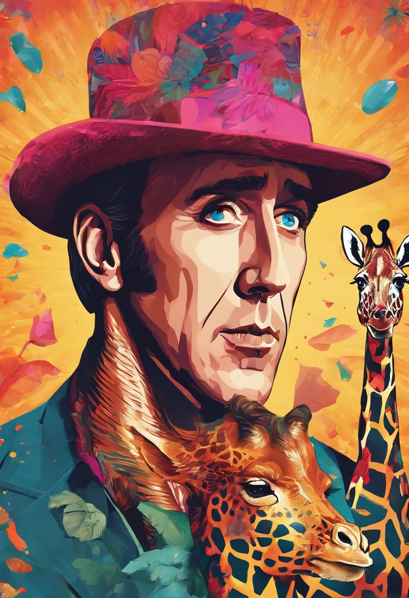 A realistic portrait of Nicolas Cage wearing a fancy hat and playing with a giraffe, ultra HD, 8k, engine, sf, movie poster, epic, experimenting with bright colors, patterns, and textures, magazine cutouts, colorful polychromatic, CGSociety, 8k–1:1 --c 15 --s 765 --q 2 --v 4