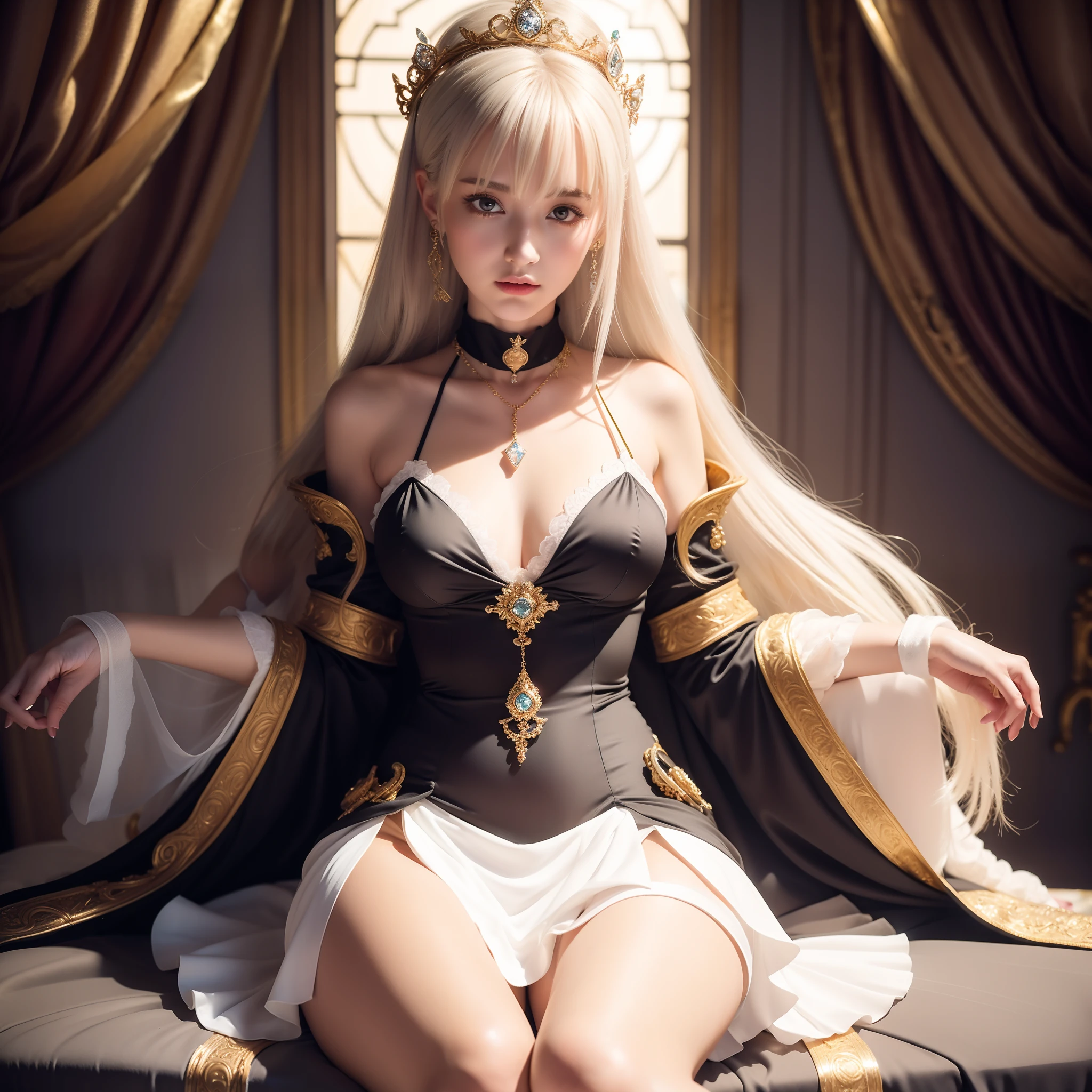 exposed ,Exposed genitals,Detailed details,Artoria Pendragon,Skinny fishnet socks,Kizi ,19years old,diadems,choker necklace,ear jewelry,Seated on an ornate throne,Golden hair,Golden pupils,diadems,queen,palaces,Tulle coat,Clothes open,Gorgeous short skirt,Golden pupils,Leg to knee,with thin legs,white legwear,fresh flowers,8K,Lewd expression,Blushing,
