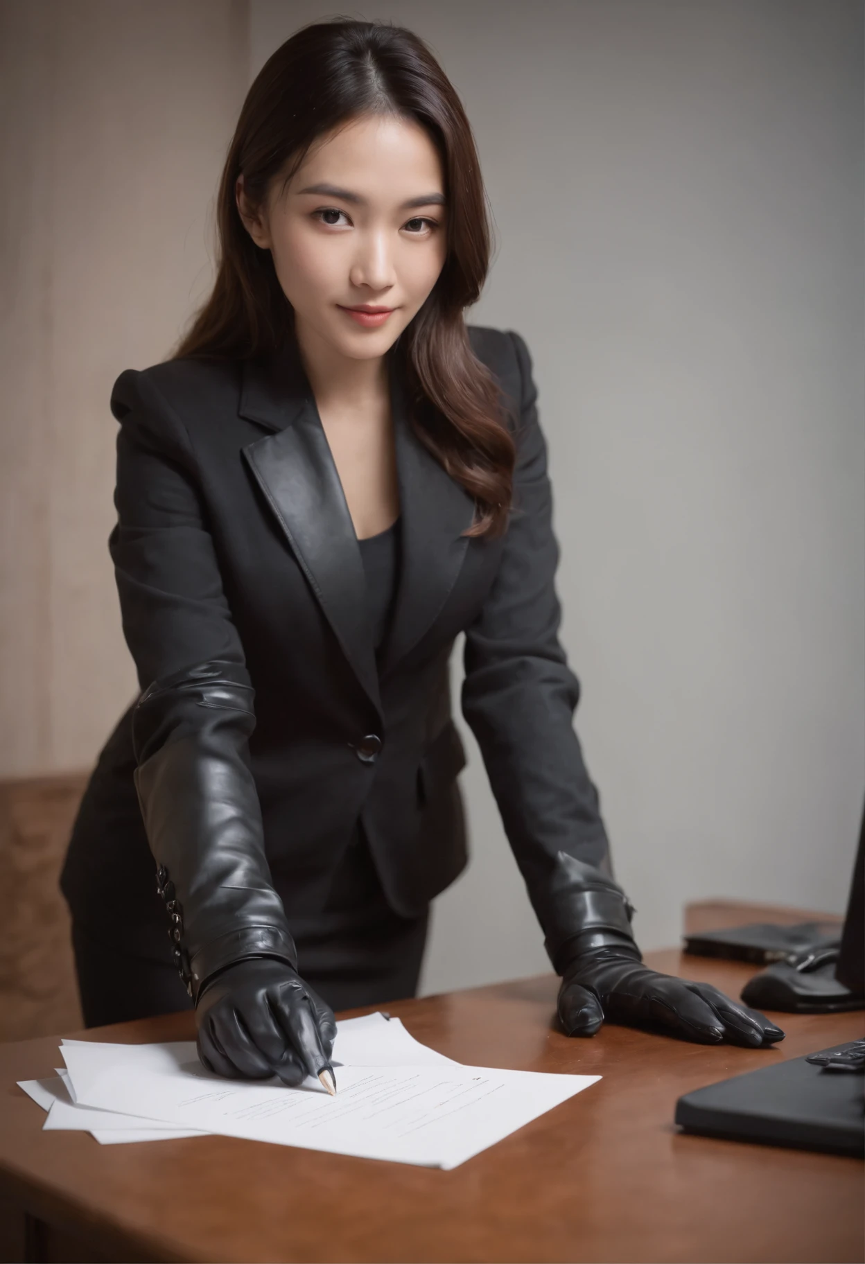 Wearing black leather gloves in both hands, upper body, black business suit, facing the desk in my room with a computer in the dark, looking down and smiling, writing a letter using a fountain pen, black hair bundled in the back for a long time, still young and very cute Japanese female new employee (black leather gloves cover both hands)