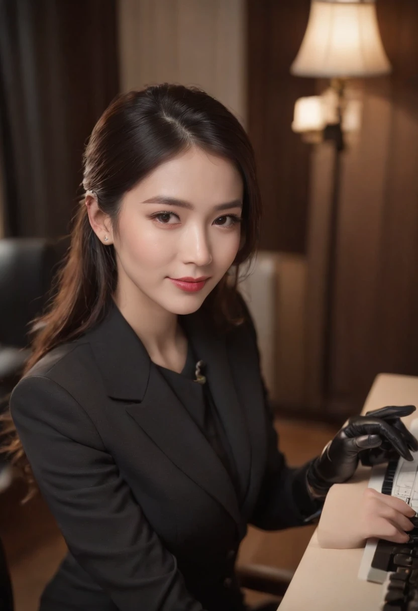 Wearing black leather gloves in both hands, upper body, black business suit, facing the desk in my room with a computer in the dark, looking down and smiling, writing a letter using a fountain pen, black hair bundled in the back for a long time, still young and very cute Japanese female new employee (black leather gloves cover both hands)