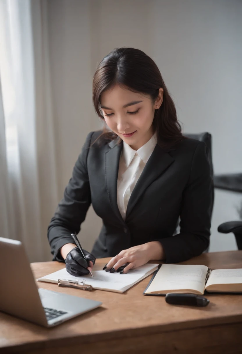 Wearing black leather gloves in both hands, upper body, black business suit, facing the desk in my room with a computer in the dark, looking down and smiling, writing a letter using a fountain pen, black hair bundled in the back for a long time, still young and very cute Japanese female new employee (black leather gloves cover both hands)