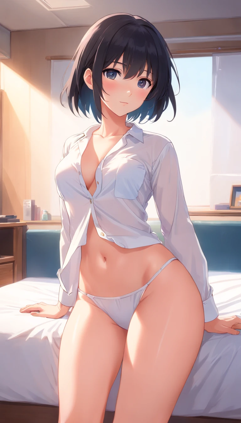 (Masterpiece:1.2, Best quality), (Real picture, Intricate details), (1lady,black straight hair,Women without panties, Solo,full body,one the bed),white shirt,huge tit,((open white shirt:1.5)),Perfect female body:1.5,Those who don't wear bras,,Naked lower body,Bare,Naked underparts,White skin,Sexy navel,In the room,only white shirt,,