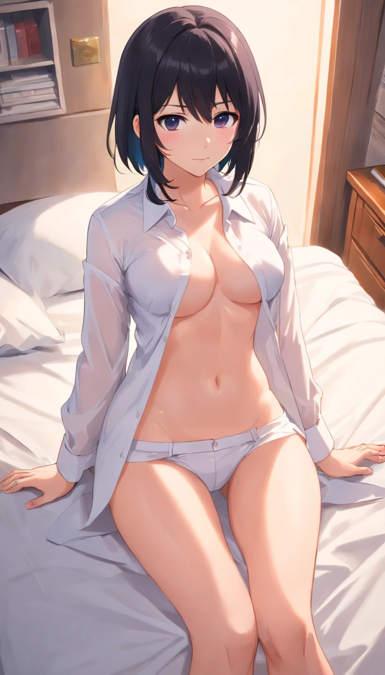 (Masterpiece:1.2, Best quality), (Real picture, Intricate details), (1lady,black straight hair,Women without panties, Solo,full body,one the bed),white shirt,huge tit,((open white shirt:1.5)),Perfect female body:1.5,Those who don't wear bras,,Naked lower body,Bare,Naked underparts,White skin,Sexy navel,In the room,only white shirt,,