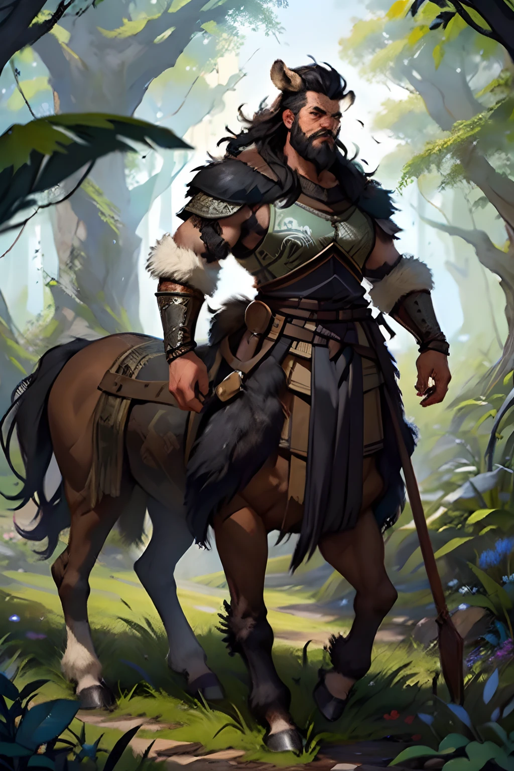 masterpiece, best quality, a portrait of a man, centaur, extremely detailed, looking at viewer, grizzly, stoic, black hair, beard, ragged clothes, strong, shaman, tribal, leather, fur cloak, animal hide, horse, hooves, hide, druid magic, nature, fullbody, standing, viking