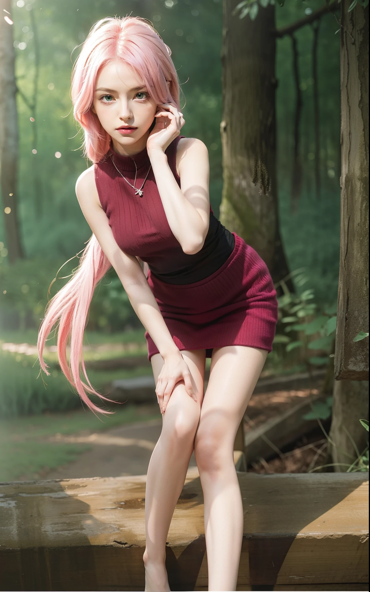 1girl,pink hair, green eyes,crossing legs,soft light