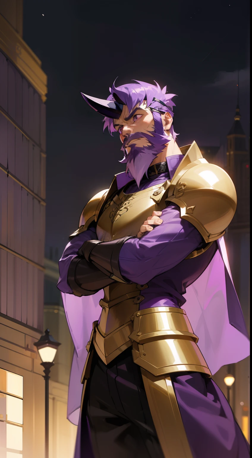 1man,((purple beard,purple hair)),30s,black horn,solo,muscle,purple eyes,short hair, templar golden knight outfit,serious face,masterpiece,hd,4k,detailed face,best quality,night city