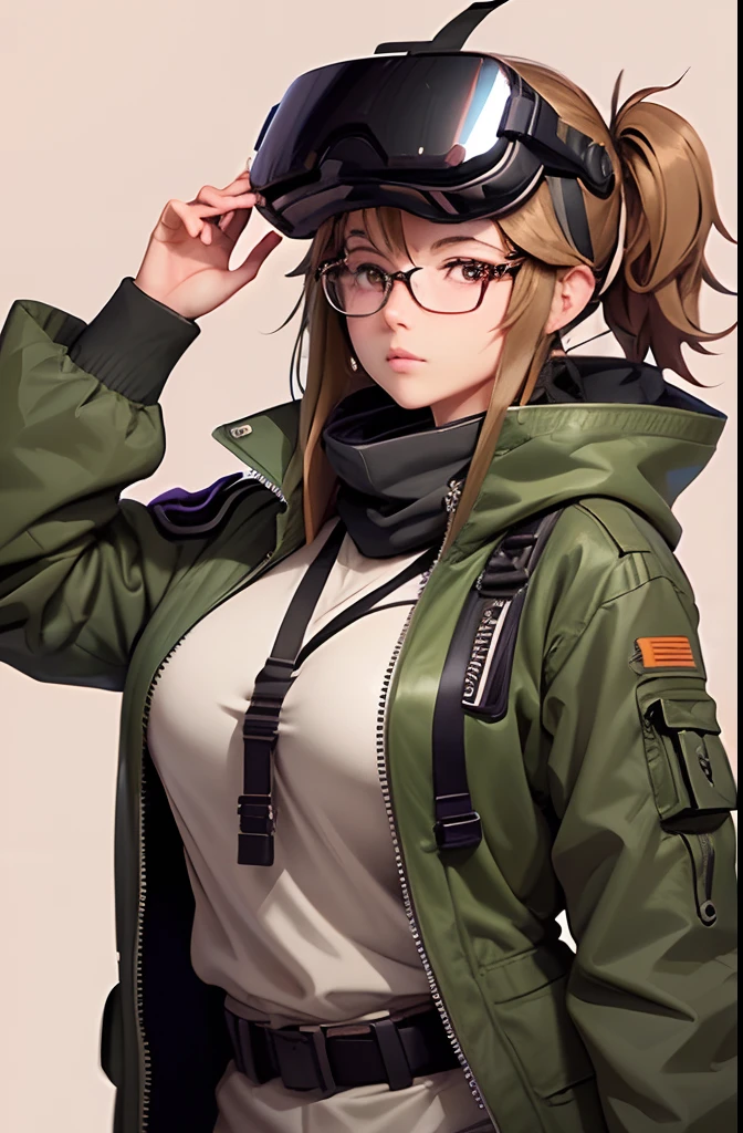 Wearing very big futuristic VR goggles on his head、Female Inventor, hair color is brown,、Tied into one, eyes are big、It has a light brown color, Large black-rimmed glasses, Freckles on the cheeks, Please wear an army green color flight jacket ,Modern anime style, anime style illustration, By Shinkai Makoto ( Apex Legends ), digital anime illustration,