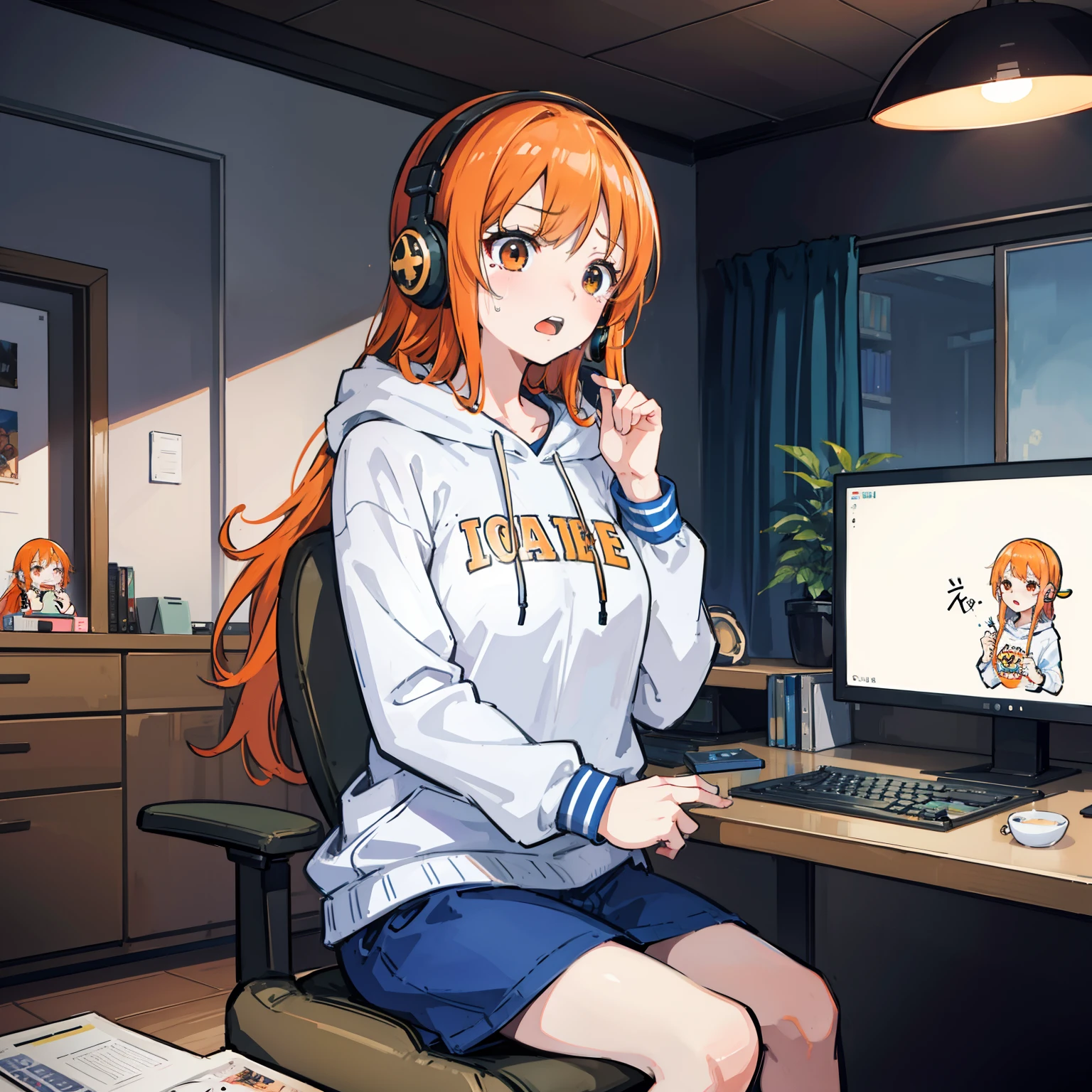 view straight on,Front Angle、masutepiece, Fine detail, 4K, 8K, 12K, Solo, One Person, Beautiful Girl, caucasian female, Nami of one piece, Orange hair, Game Controller, Indoors, Room, Own room, a computer, Playing games, Hoodie、darkened room、headphones、astonished face、crying how bright、Opening Mouth、nigh sky、sit a chair、sit a chair、nigh sky
