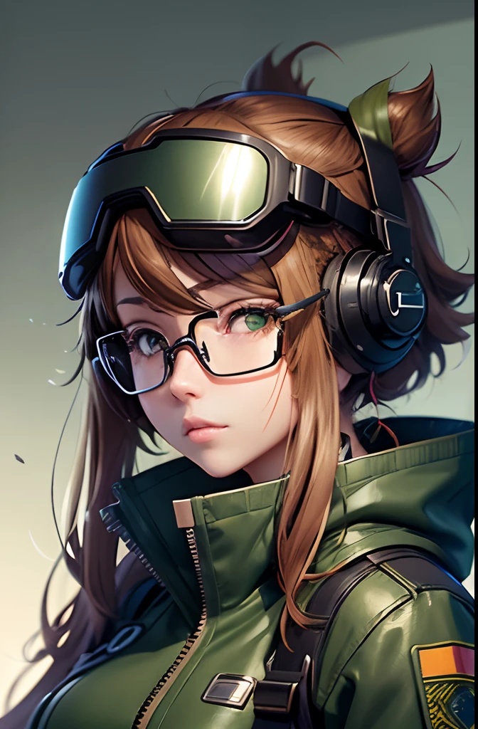 Wearing very big futuristic VR goggles on his head、Female Inventor, hair color is brown,、Tied into one, eyes are big、It has a light brown color, Large black-rimmed glasses, Freckles on the cheeks, Please wear an army green color flight jacket ,Modern anime style, anime style illustration, By Shinkai Makoto ( Apex Legends ), digital anime illustration,