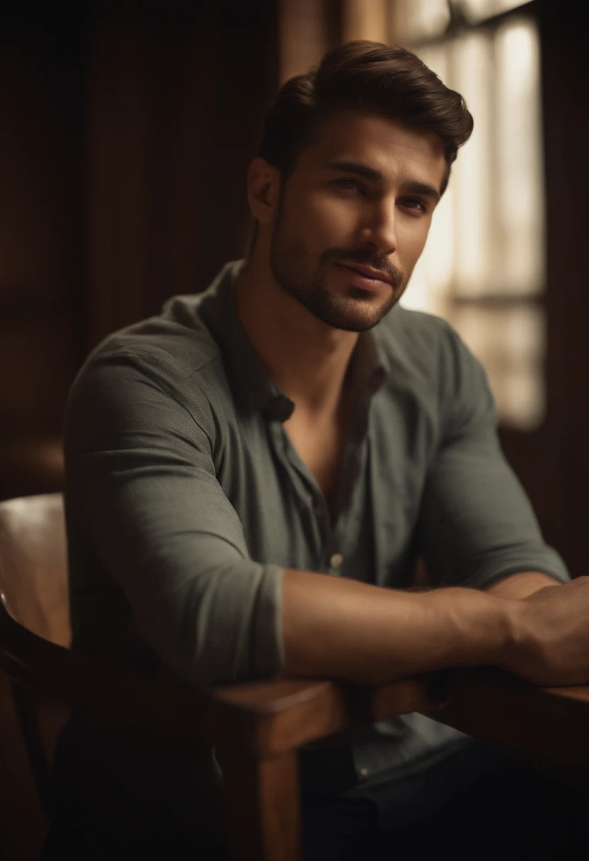 (best quality,highres),man sitting,(realistic,photorealistic:1.37),detailed face and expression,gentle eyes,subtle smile,classic portrait style,warm color tones,soft and even lighting,detailed clothing,calm and peaceful atmosphere