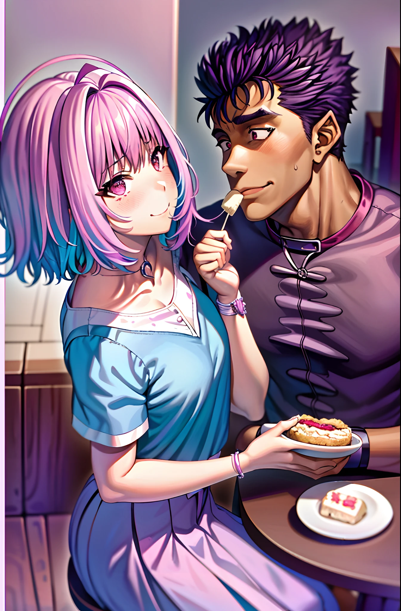 masterpiece, best quality, 1girl, riamu, blue shirt, pleated skirt, solo, simple background, riamu and guts, husband and wife, couple happy in a beach, , purple hair,1boy, in couple, affection, love,relationship, lovey dovey, happy, , smile, , eating food in a restaurant,