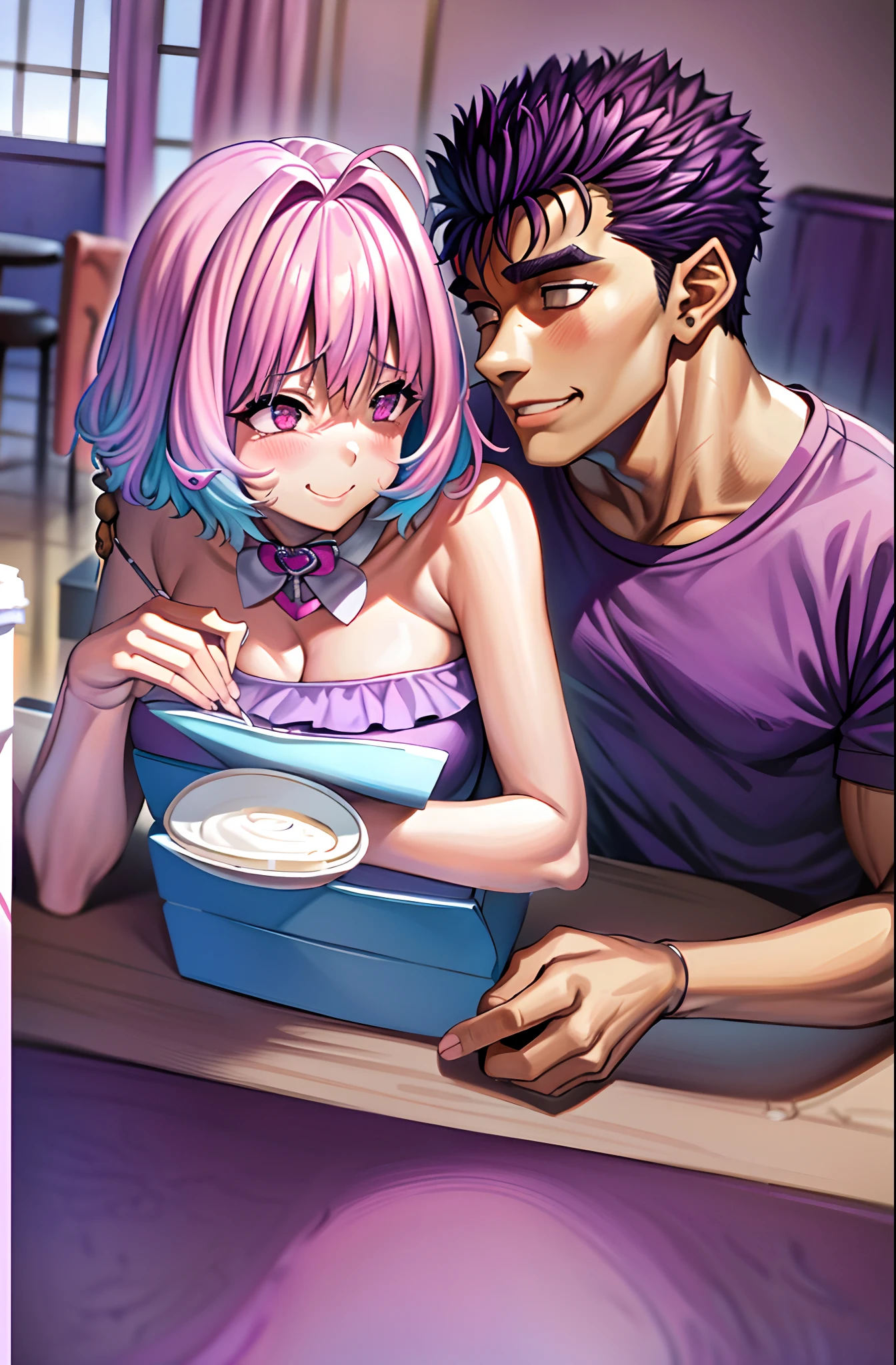 masterpiece, best quality, 1girl, riamu, blue shirt, pleated skirt, solo, simple background, riamu and guts, husband and wife, couple happy in a beach, , purple hair,1boy, in couple, affection, love,relationship, lovey dovey, happy, , smile, , eating food in a restaurant,