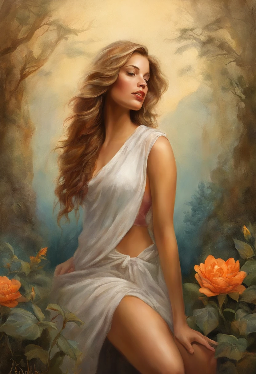 sexy women, Look up at the standing position, In front of the beautiful Orissant, As the sun sets, Related to the sacred, Portrait photos, director: Drew Tucker, director: Adam Marchinski, director: Alexander Kucharisky, director: Gavin Nolan, 8K surrealism, director: Jason Felix, Yuri Shwedoff e Tom Bagshaw, illustrative art, Estello Eric Johnson