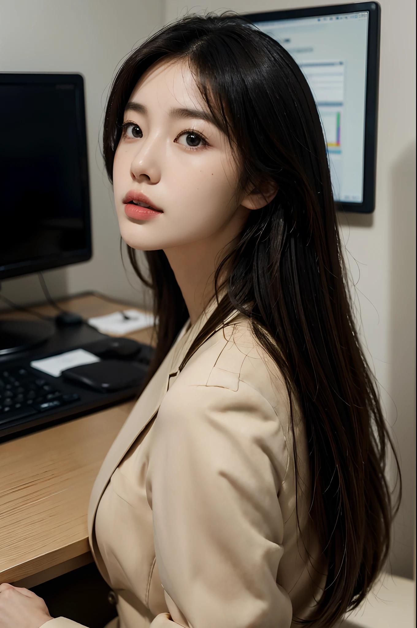 High-res, Realistic portrait of professional korean office lady with perfect skin,Professional suits,Women's suits,stand posture,The upper part of the body,Women in the workplace,Show confidence and maturity, Surrounded by a modern corporate environment, Vibrant and naturally lit highlights. The artwork should emphasize her elegant facial features, Including charming long eyes, Fluttering eyelashes and seductive lips. The scene should be enhanced with elements of professionalism and visual appeal,For example, Stylish work desk, Mainframe computers, High-resolution display, and complex stationery. The overall tone should be warm and professional, Has a soft and natural color palette. The artwork should exude a sense of professionalism, Success, and cultural pride,The background is blurred out