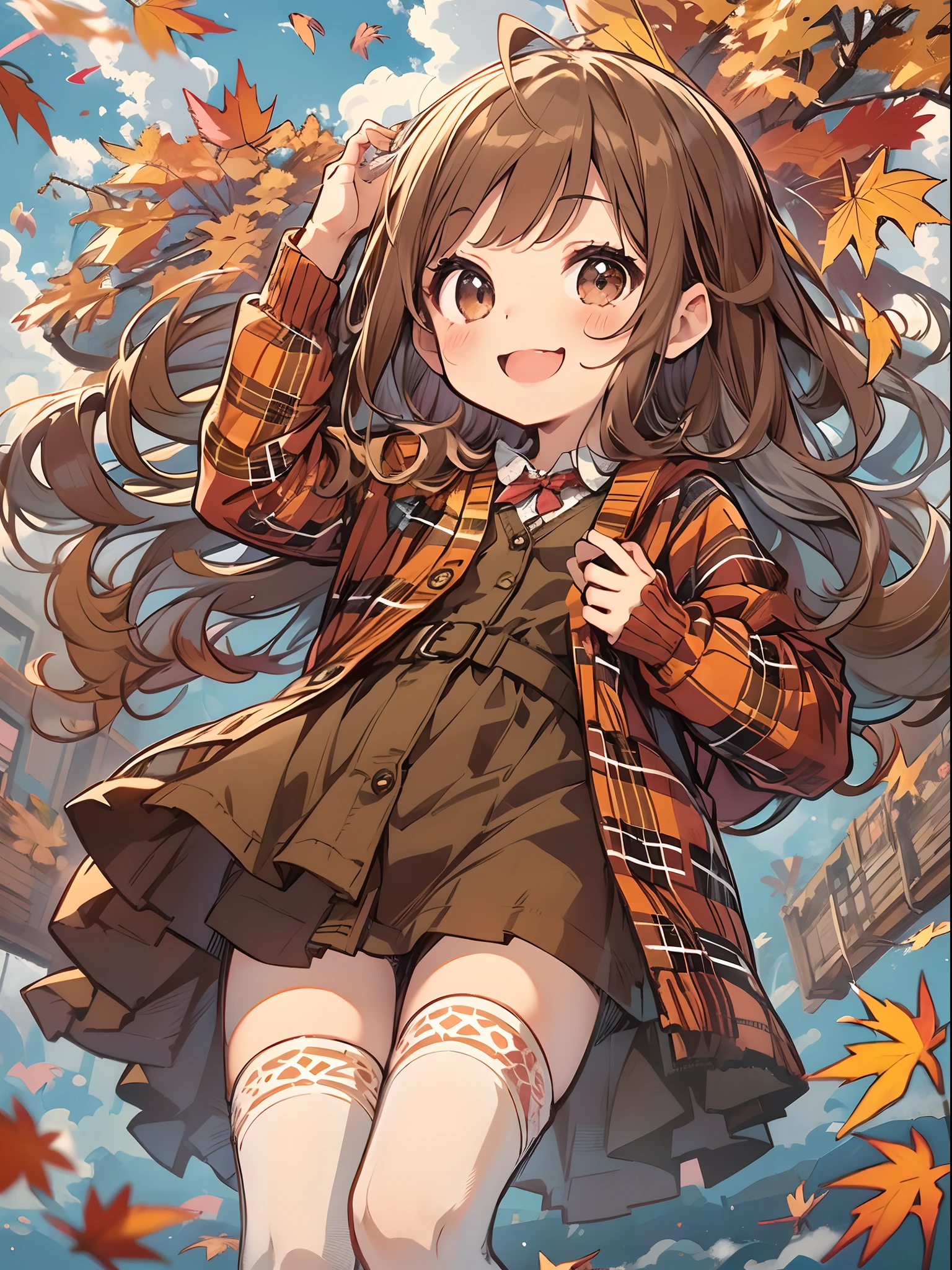 (Masterpiece), (kawaii:1.4), A girl, smiles,(red tartan plaid dress in cardigan:1.2), thighhighs, (deep brown eyes), (Pale brown hair, forehead), shot from the grand, from below, dynamic Pose, autumn background, Ultra-detailed background, high contrast, autumn sky, autumn clouds, looking at the sky. Calm atmosphere, gentle smiles, mild climate.