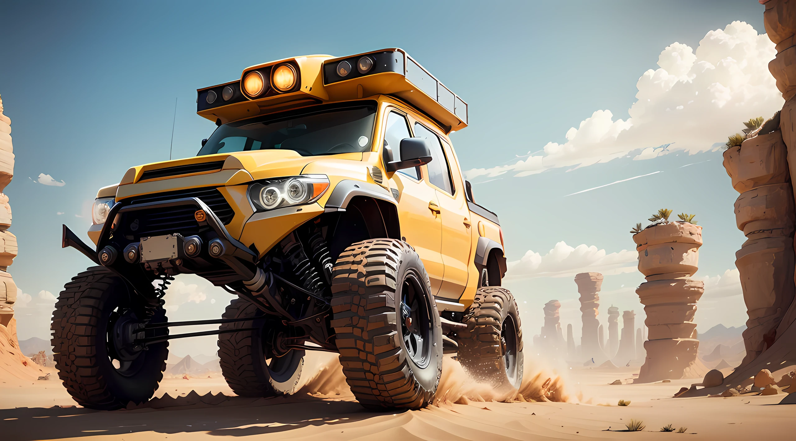 Vehicle Mode :

Chrome body is reminiscent of classic off-road cars from the 60s, with smooth curves and a vibrant finish. Massive off-road tires are mounted on sturdy wheels for optimal grip on desert sand. Open cockpit offers luxurious interior with genuine leather seats.

Mode Mech (Transformation) :

The transformation into mech mode is a breathtaking sight. Body opens to reveal articulated hydraulic struts that provide extreme mobility. The feet have non-slip soles to adapt to the sand. Mechanized arms unfold, equipped with three-finger pliers to grasp heavy objects.

L'armement est impressionnant : Energy cannons on the shoulders for devastating shots, Sharp retractable forearm blades for close combat. Armored panels made of specific alloy provide increased strength. Multicolored LED lights add to aesthetics and create visual impact.

The open cockpit turns into a closed cockpit, Featuring a futuristic control interface. High-end communication technology keeps the pilot in touch with the outside world.

Le "EVA Cruiser" combines retro elegance with futuristic mechanical power, offering an unparalleled driving and combat experience in hostile deserts. --auto