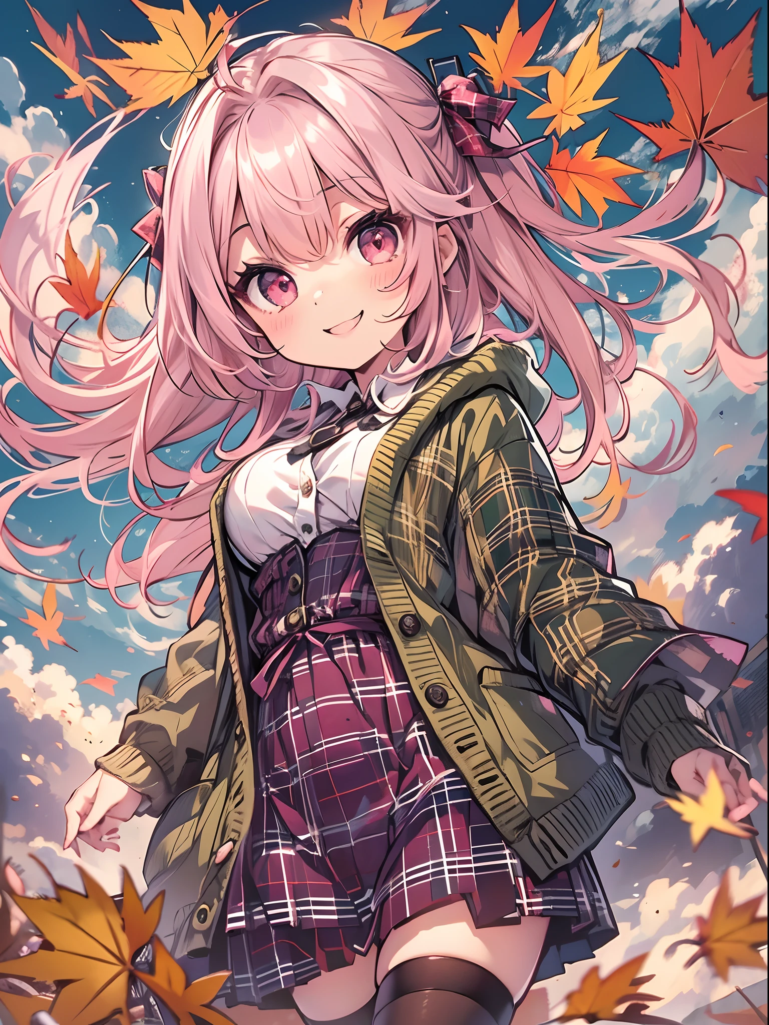 (Masterpiece), (kawaii:1.4), A girl, smiles,(Green tartan plaid dress in cardigan:1.2)open-fronted jacket, thighhighs, (large tasty, large breasts), (deep red eyes), (Pale pink hair, forehead, low twin tail), shot from the grand, from below, dynamic Pose, autumn background, Ultra-detailed background, high contrast, autumn sky, autumn clouds, looking at the sky. Calm atmosphere, gentle smiles, mild climate.