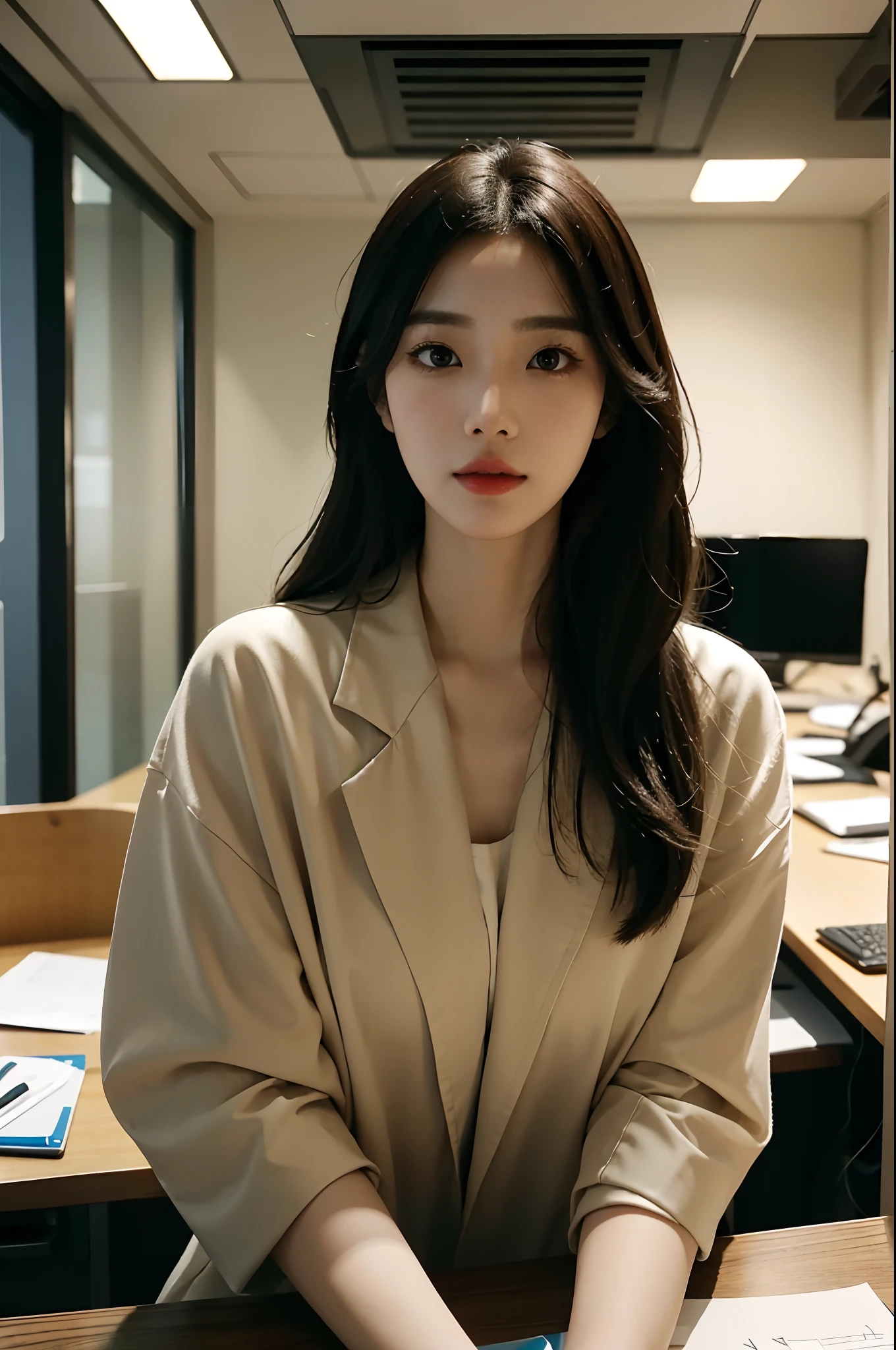High-res, Realistic portrait of professional korean office lady with perfect skin,Professional suits,Women's suits,stand posture,The upper part of the body,Women in the workplace,Show confidence and maturity, Surrounded by a modern corporate environment, Vibrant and naturally lit highlights. The artwork should emphasize her elegant facial features, Including charming long eyes, Fluttering eyelashes and seductive lips. The scene should be enhanced with elements of professionalism and visual appeal,For example, Stylish work desk, Mainframe computers, High-resolution display, and complex stationery. The overall tone should be warm and professional, Has a soft and natural color palette. The artwork should exude a sense of professionalism, Success, and cultural pride,The background is blurred out