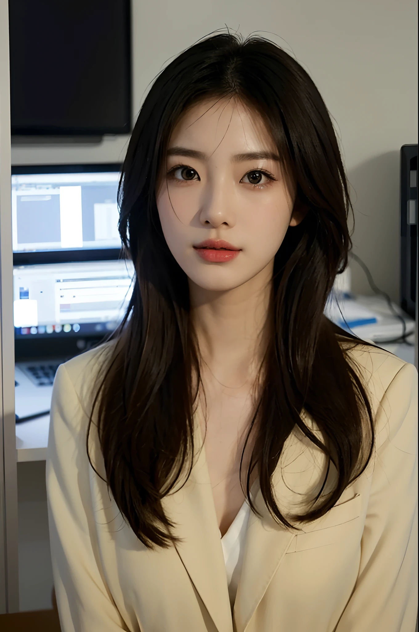 High-res, Realistic portrait of professional korean office lady with perfect skin,Professional suits,Women's suits,stand posture,The upper part of the body,Women in the workplace,Show confidence and maturity, Surrounded by a modern corporate environment, Vibrant and naturally lit highlights. The artwork should emphasize her elegant facial features, Including charming long eyes, Fluttering eyelashes and seductive lips. The scene should be enhanced with elements of professionalism and visual appeal,For example, Stylish work desk, Mainframe computers, High-resolution display, and complex stationery. The overall tone should be warm and professional, Has a soft and natural color palette. The artwork should exude a sense of professionalism, Success, and cultural pride,The background is blurred out