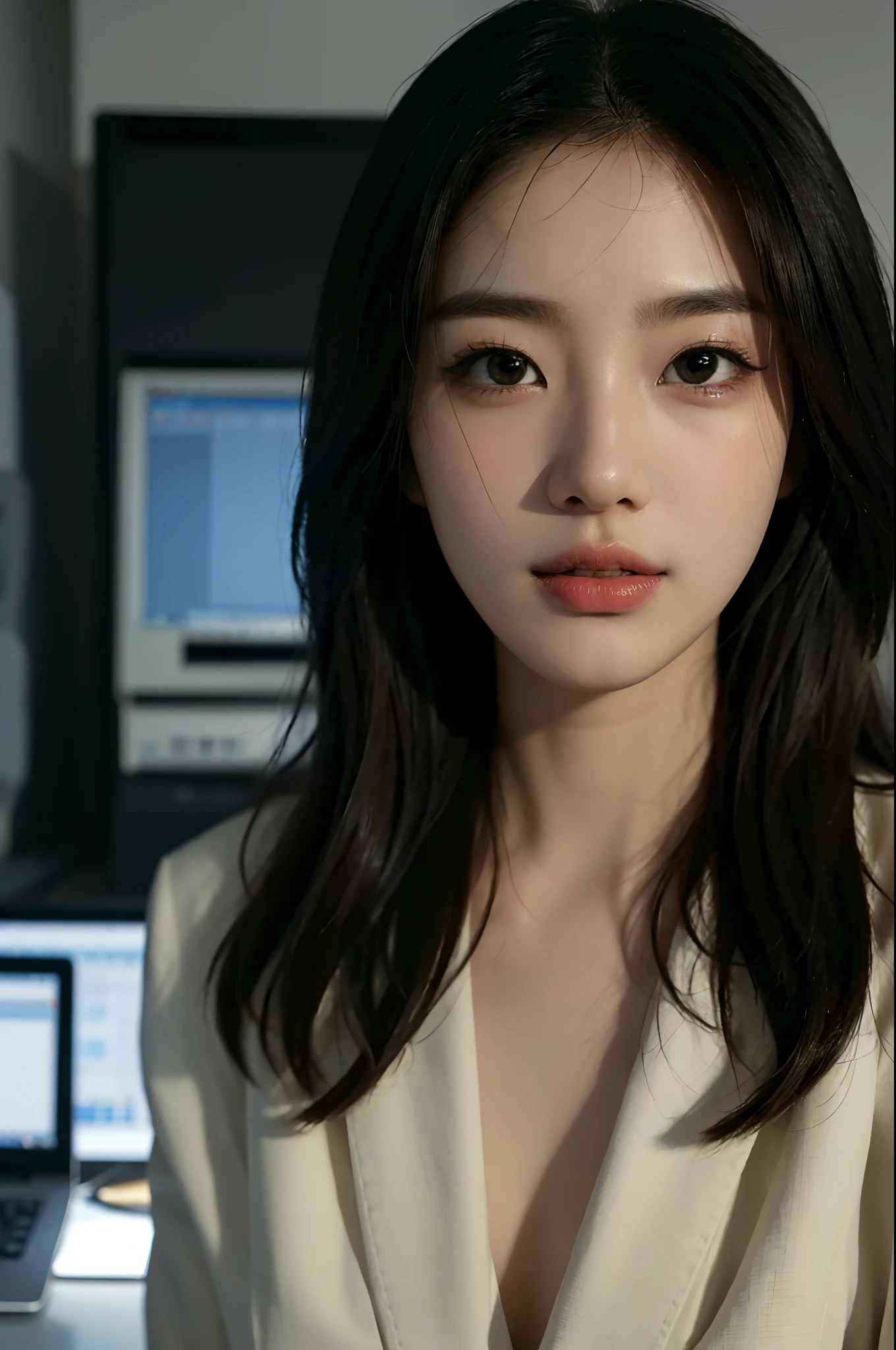 High-res, Realistic portrait of professional korean office lady with perfect skin，Professional suits，Women's suits，stand posture，The upper part of the body，Women in the workplace，Show confidence and maturity, Surrounded by a modern corporate environment, Vibrant and naturally lit highlights. The artwork should emphasize her elegant facial features, Including charming long eyes, Fluttering eyelashes and seductive lips. The scene should be enhanced with elements of professionalism and visual appeal，For example, Stylish work desk, Mainframe computers, High-resolution display, and complex stationery. The overall tone should be warm and professional, Has a soft and natural color palette. The artwork should exude a sense of professionalism, Success, and cultural pride，The background is blurred out
