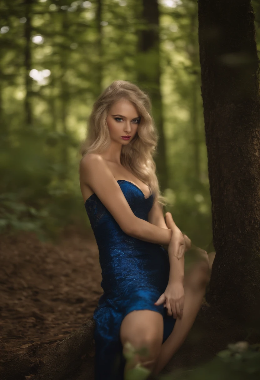 Frau mit passendem Kleid, Sexy girl with blue eyes, Sophie Mudd, portrait corinna kopf, blonde hair and large eyes, Foto einer jungen Frau, holds beer in his hand, Bier, Violet Myers, ohne Make-up, Natural makeup, Blick in die ferne, Gesicht mit Artgram, dezentes Make-up, Stunning full body shot, im Wald, Spaltung