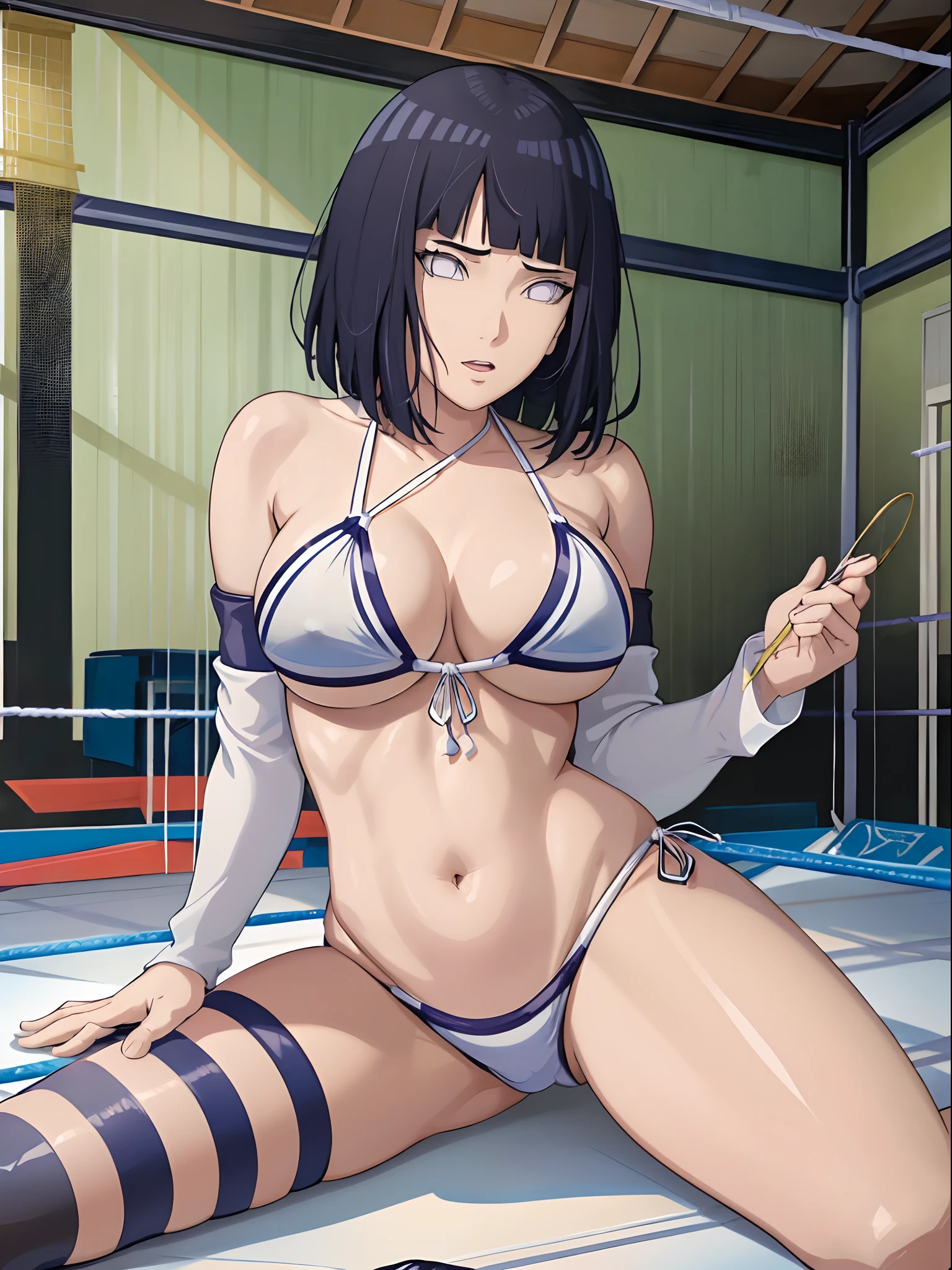 (WALLPAPER, (hinata\(boruto\), (((1 girl, white string bikini, defeated wrestler))), masterpiece, 4k, vector coloring, fully body view, (scene of girl laying down), (high color saturation), contrast lighting, mature female, (curvy:0.8), solo, anime style, sharp focus, professional artwork, intricate details, colorful, vibrant colors, vivid colors, digital blending, ultra detailed body, ultra detail hair, ultra detail face, trending on pixiv, very hot colors, (((wrestling stage, indoors))), detailed bold arm lines, high color saturation, bold lines, bold drawing lines), (head tilt), open mouth),
((dark blue hair color:1.1), wavy hair, ((short hair, hime cut)),
(white skin, (fair skin), slender body, milf, perfect face),
(legs, big breasts, off-shoulders, (detailed shoulders, detailed arm lines)),
(bare shoulders, bare legs),