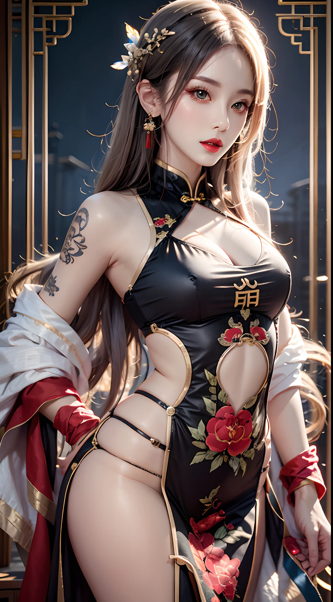 photorealistic, high resolution, 1women, mature female, solo, hips up, jewelry, tattoo, white hair, long hair, make up, red lips, cheongsam, chinese_clothes