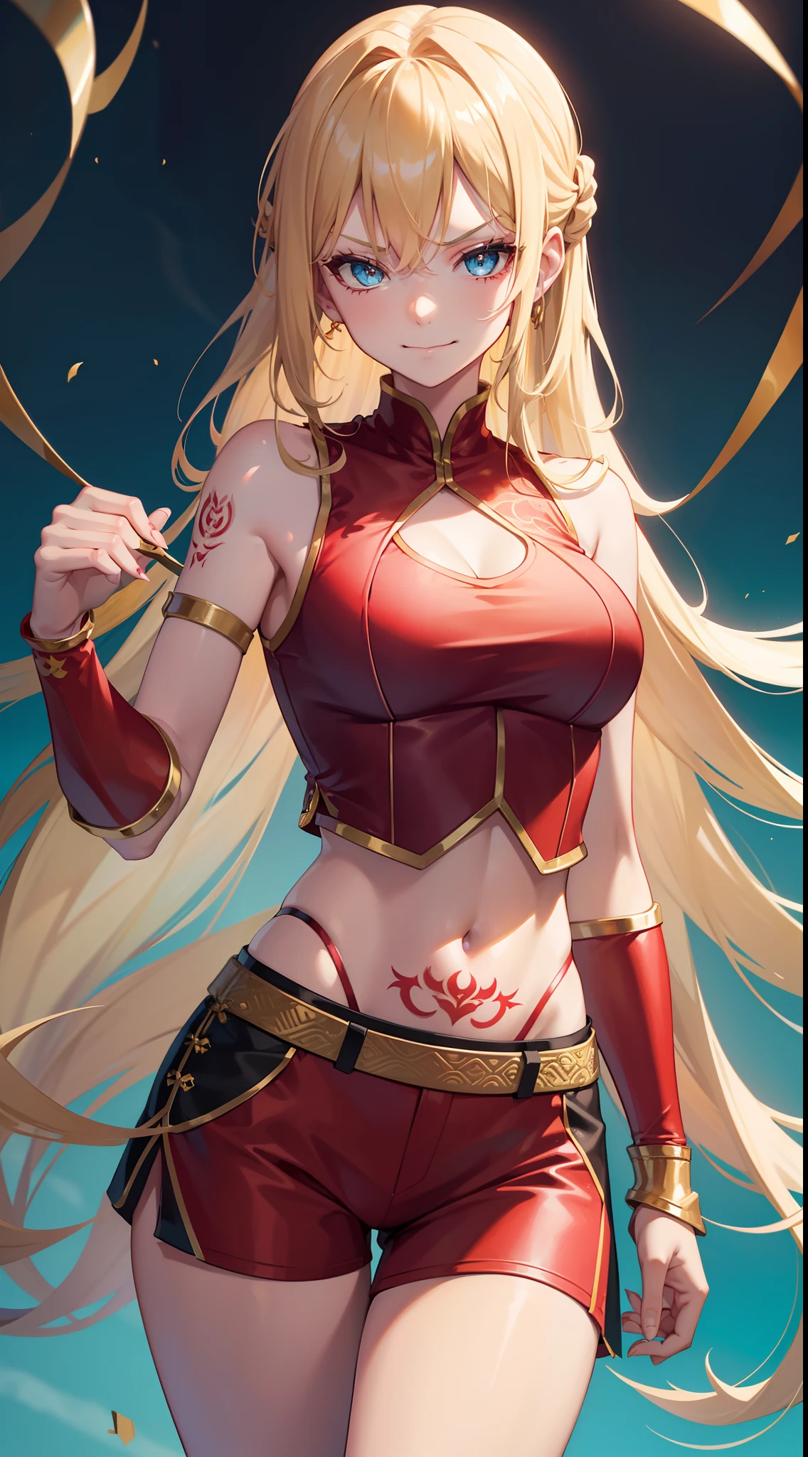 lighting like a movie、top-quality、Female Martial Artist、(thighs thighs thighs thighs:1.3)、Red panties、Wearing sweat、Brave face、fighting poses、