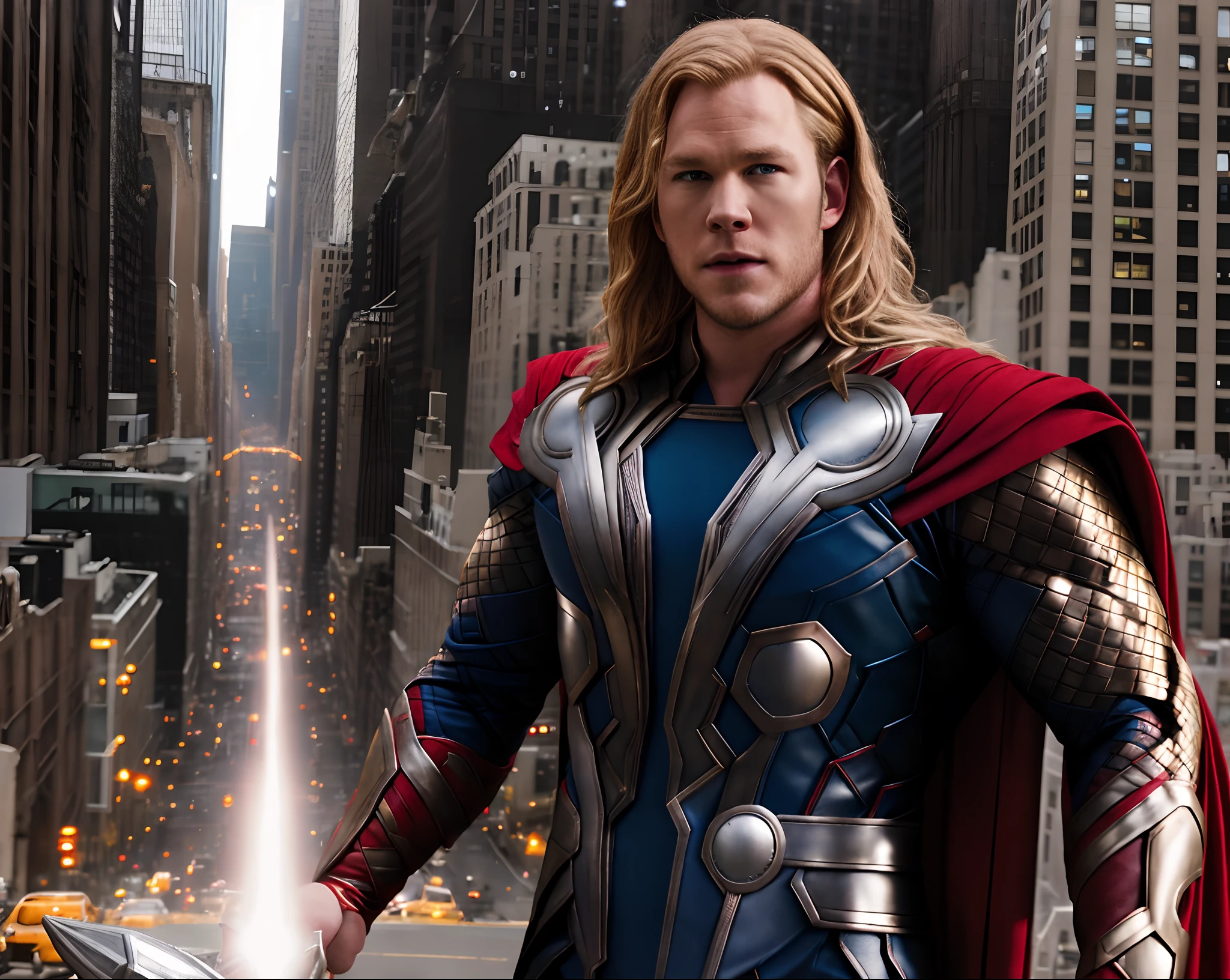 from avengers  realistic, a portrait photo of chris pratt as Thor  in New York city, handsome, long blonde hair, metallic armor, red cape, professional, (Extremely Detailed:1.2), glow effects, godrays, intricate details, sharp focus, dramatic, photorealistic,sharp contrast