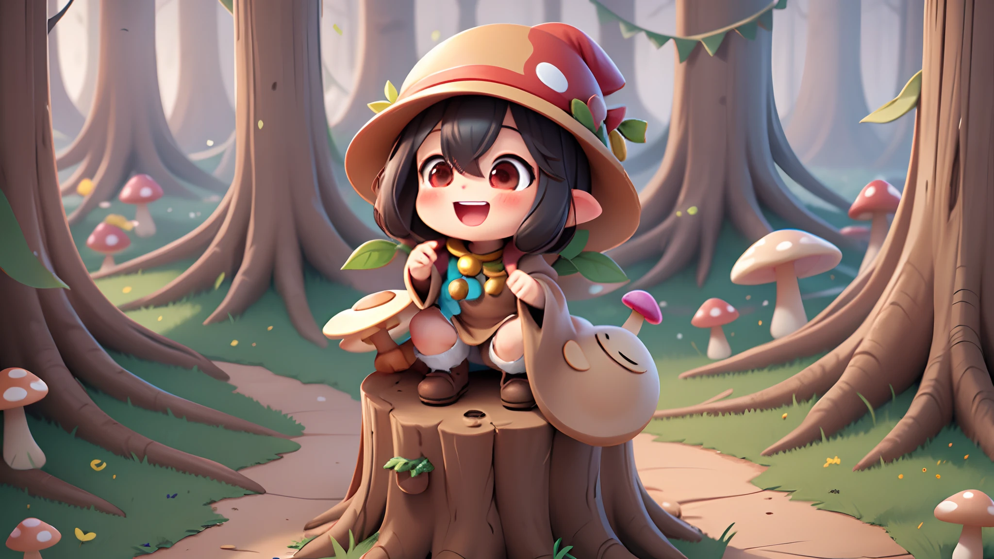 digitalart、Personification of the mushroom spirit、Yuru Chara Style、The hat is characteristic、Laugh、Wearing a bell、Perch on a stump