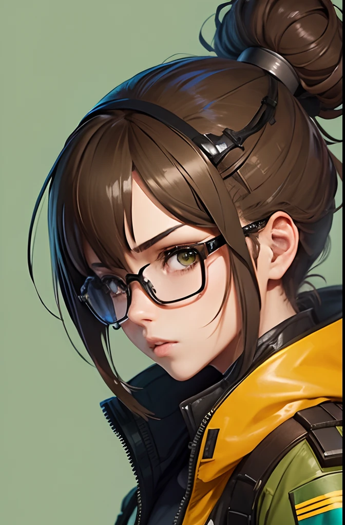 Wearing very big futuristic VR goggles on his head、Female Inventor, the hair on the head is dark brown, The hair on the head is tied into one, Big eyes、It has a light brown color, Large black-rimmed glasses, Freckles on the cheeks, Please wear an army green color flight jacket ,Modern anime style, anime style illustration, By Shinkai Makoto ( Apex Legends ), digital anime illustration, Brown-skinned