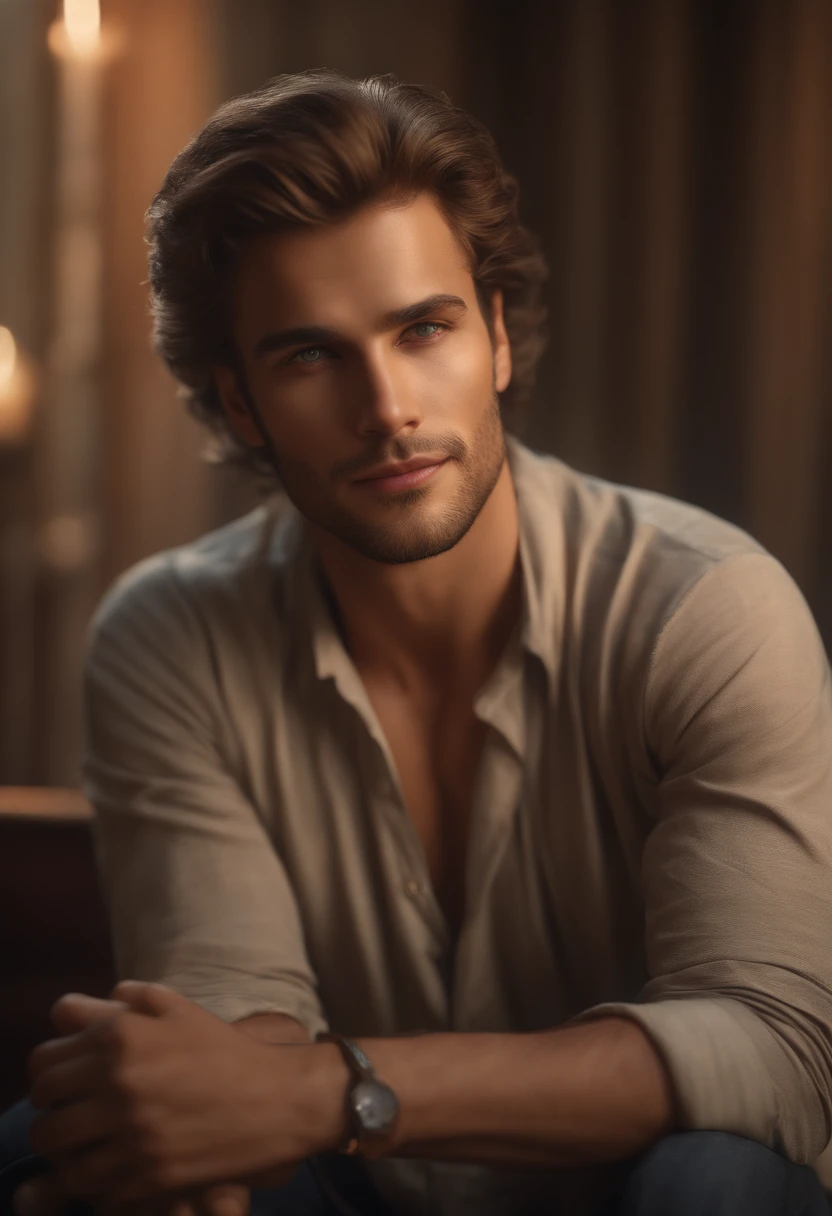(best quality,highres),man sitting,(realistic,photorealistic:1.37),detailed face and expression,gentle eyes,subtle smile,classic portrait style,warm color tones,soft and even lighting,detailed clothing,calm and peaceful atmosphere